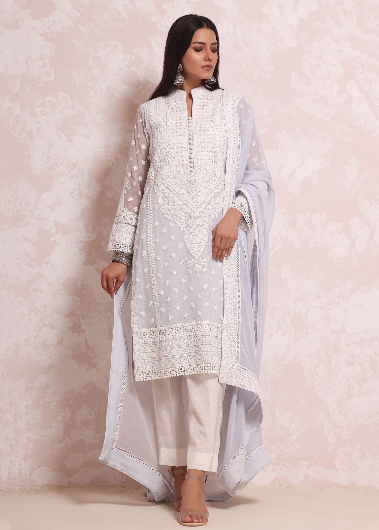 Marori embroidered Sky Blue Kali Kurta Chinese Collar - Rizwan Beyg Design