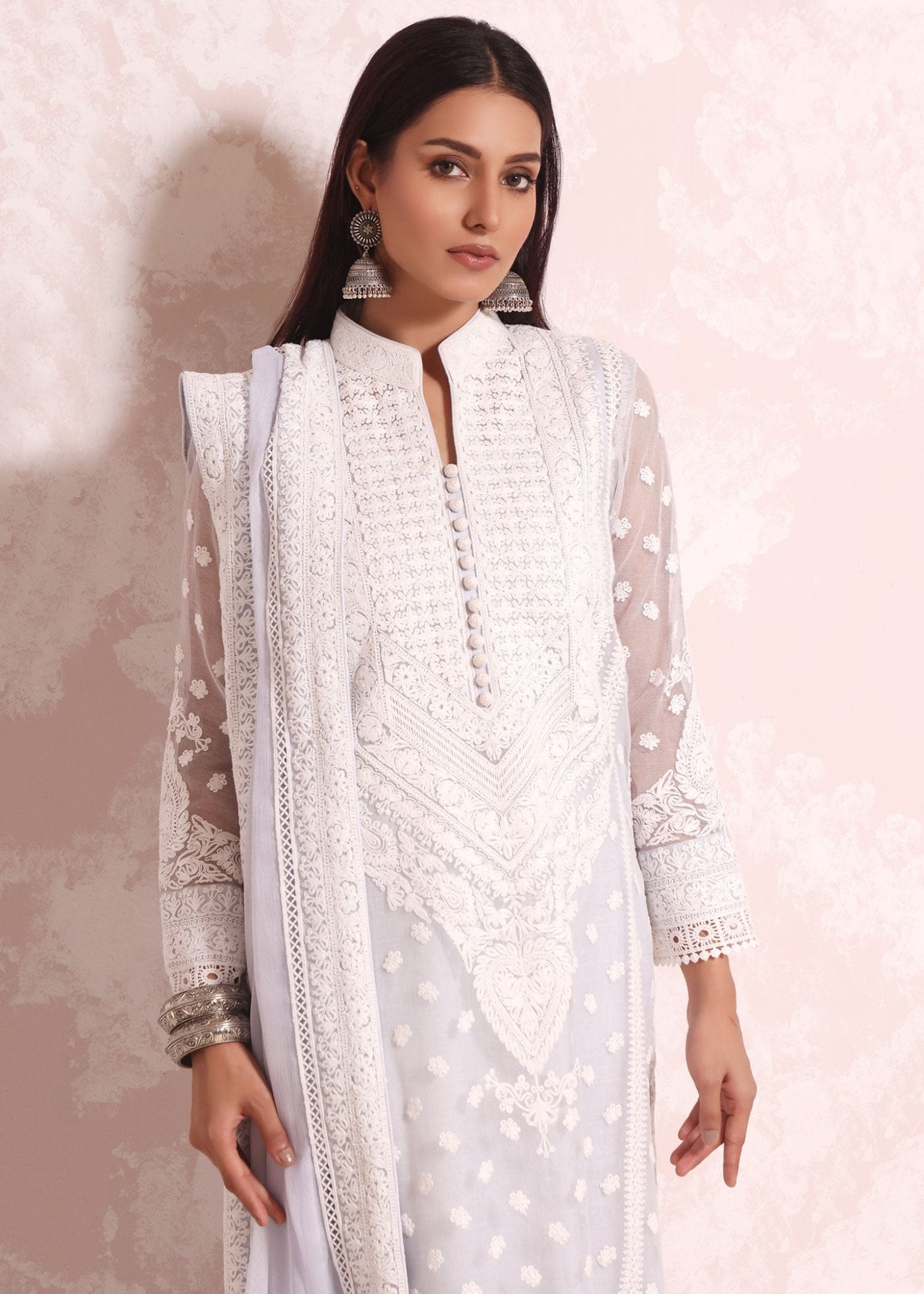 Marori embroidered Sky Blue Kali Kurta Chinese Collar - Rizwan Beyg Design