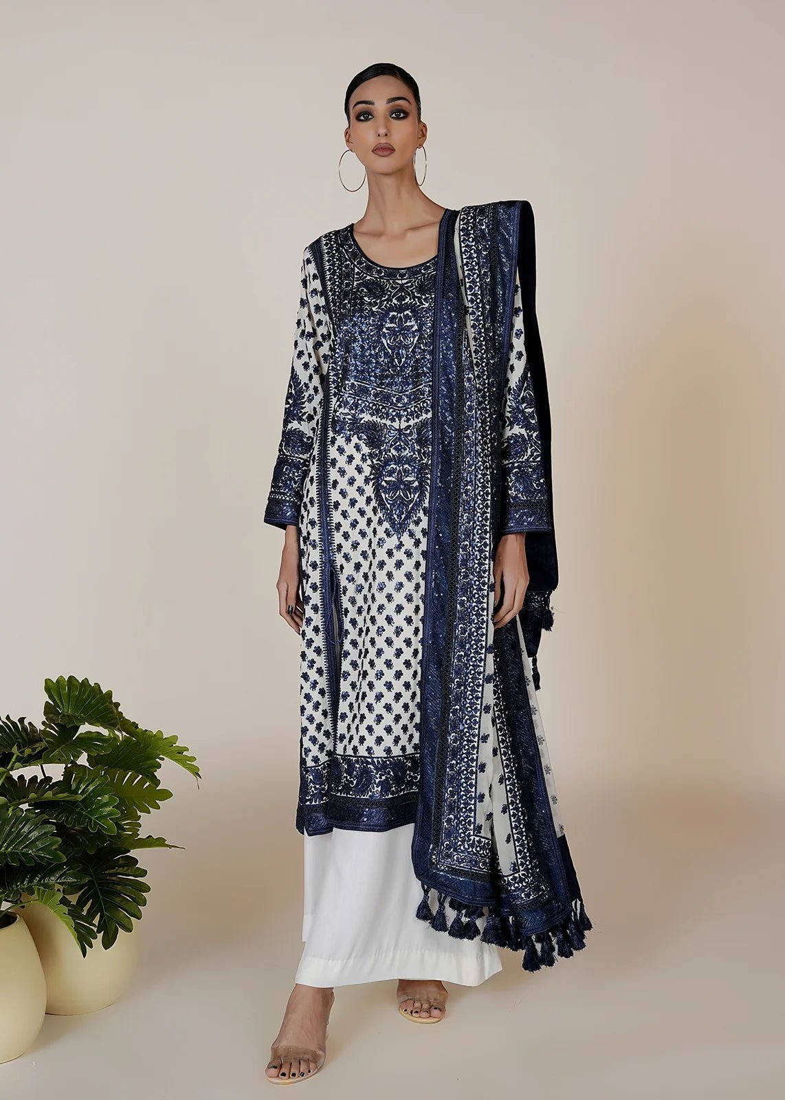 Marori Embroidery Blue & White Shirt & Dupatta - Rizwan Beyg Design