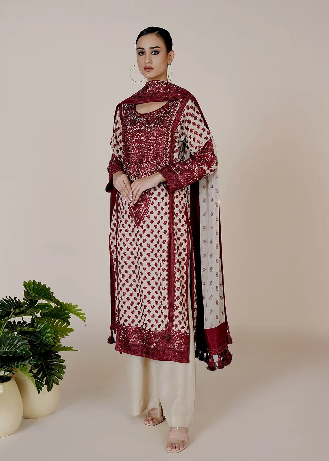 Marori Embroidery Red & White Shirt & Dupatta - Rizwan Beyg Design