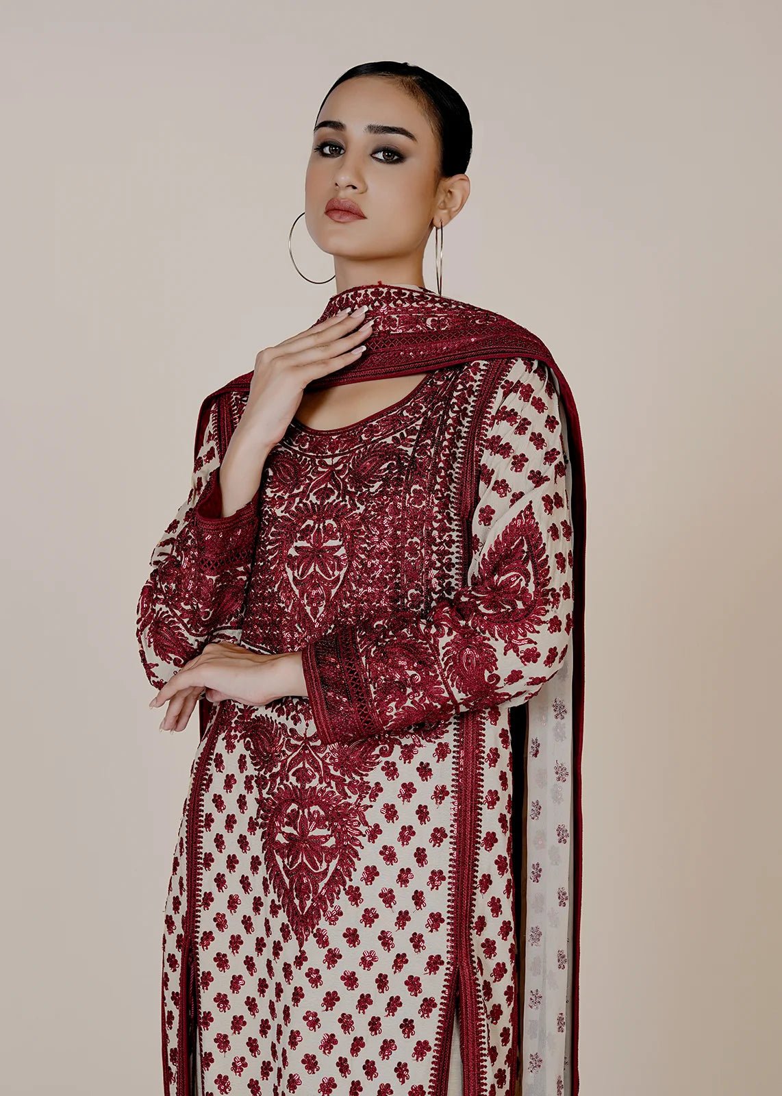 Marori Embroidery Red & White Shirt & Dupatta - Rizwan Beyg Design