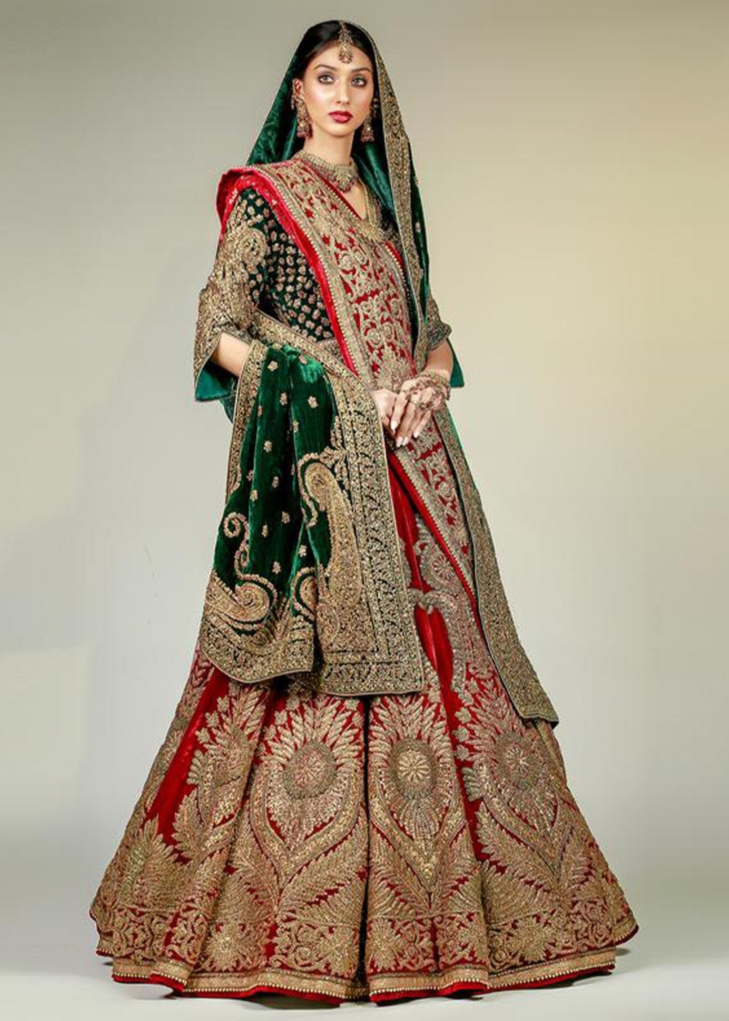 Memoni Naqushi Maroon Lehanga with Green Marori Choli & Shawl - Rizwan Beyg Design