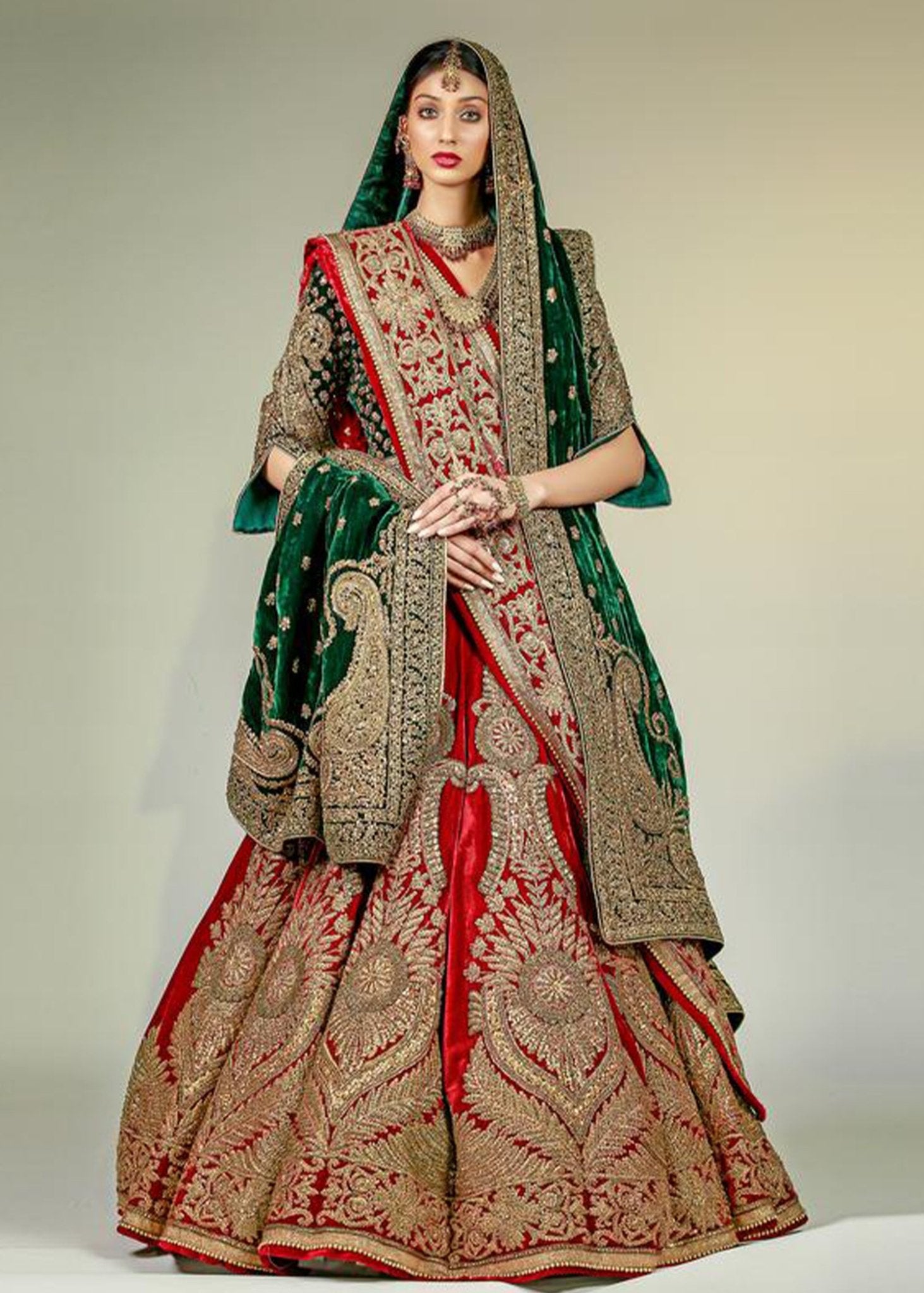 Memoni Naqushi Maroon Lehanga with Green Marori Choli & Shawl - Rizwan Beyg Design