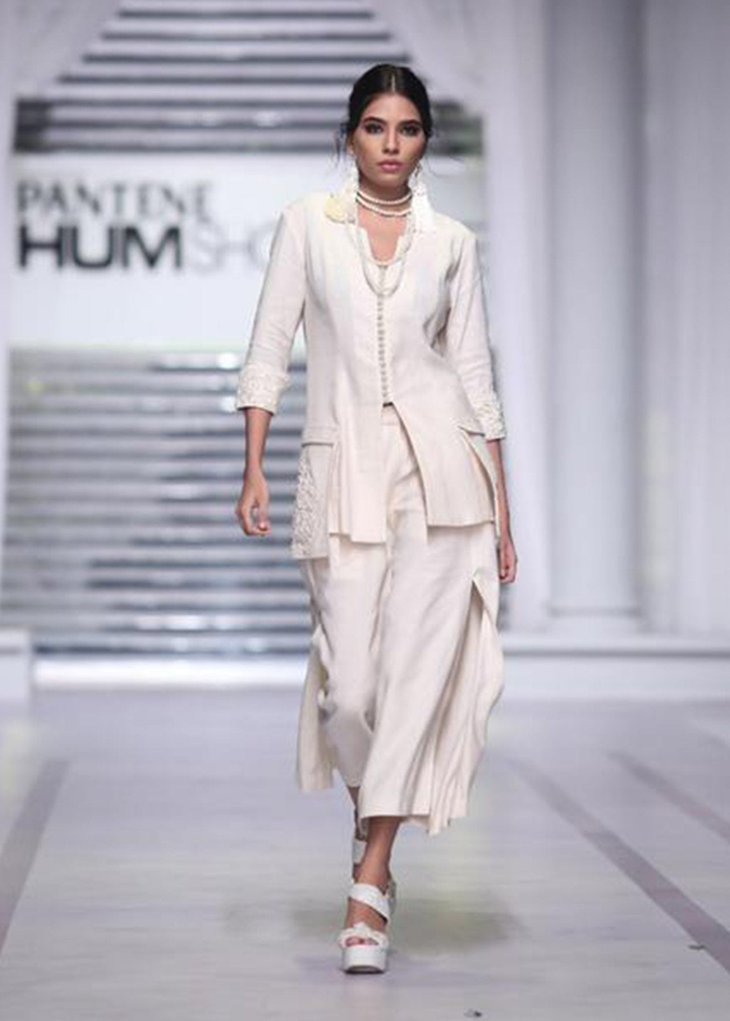 Mid - length Jacket with Embroidered Pockets and Plain Side Slit Skirt - Rizwan Beyg Design