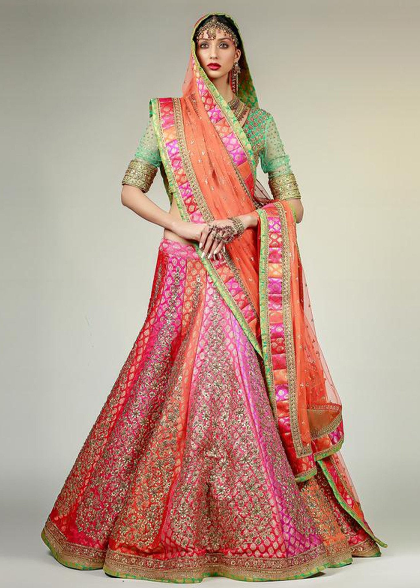 Multicoloured Panel Lehenga with Gold Choli and Dupatta - Rizwan Beyg Design