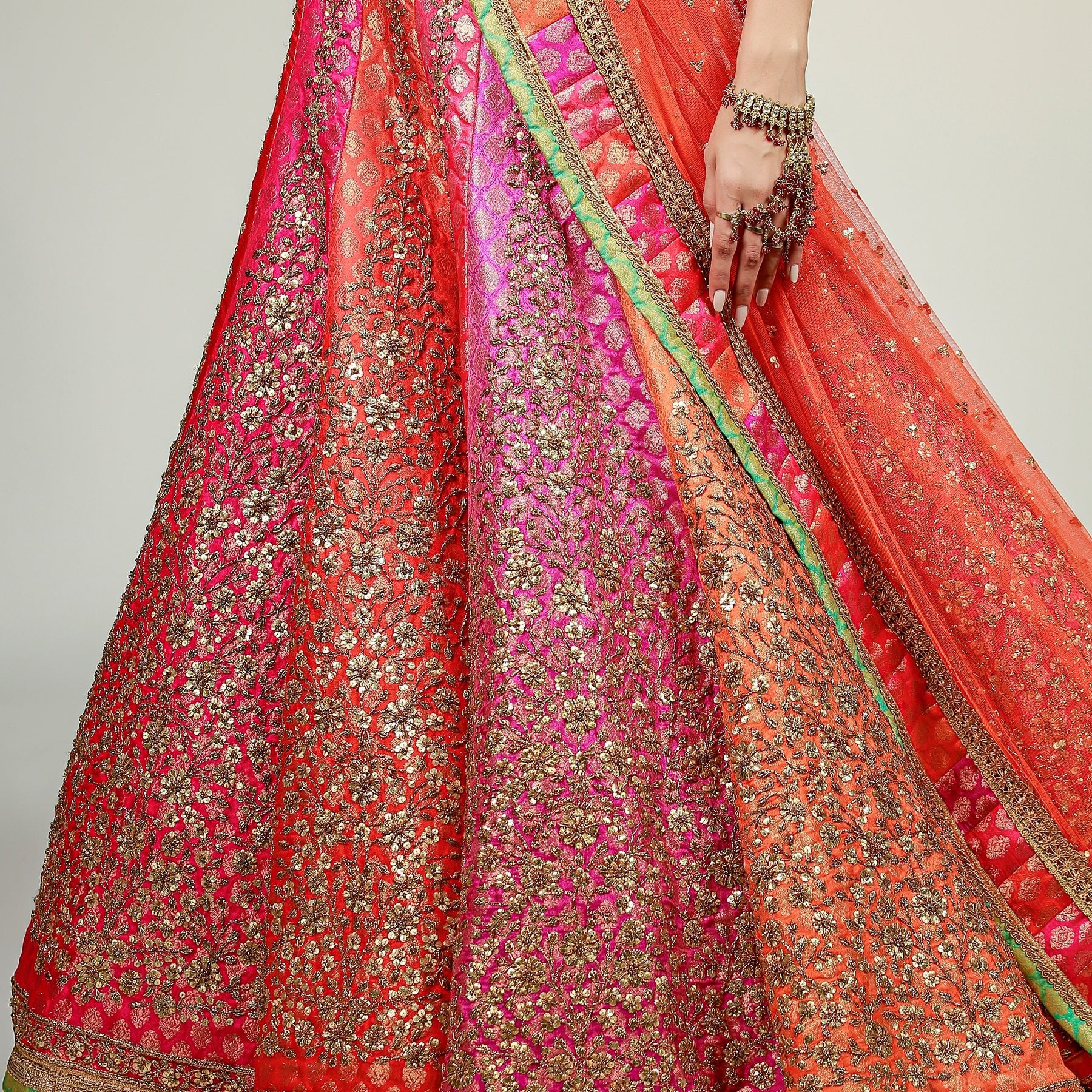 Multicoloured Panel Lehenga with Gold Choli and Dupatta - Rizwan Beyg Design