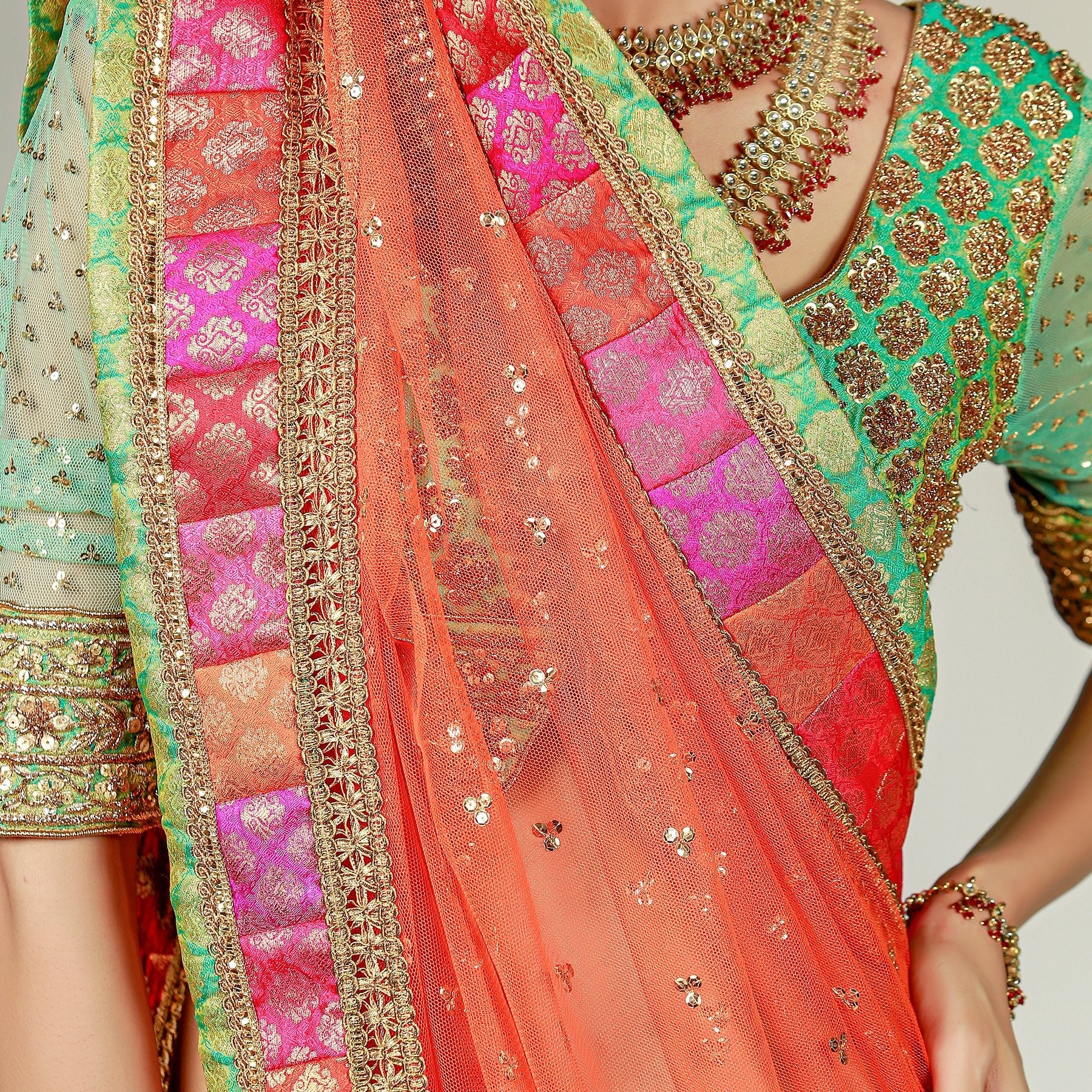 Multicoloured Panel Lehenga with Gold Choli and Dupatta - Rizwan Beyg Design