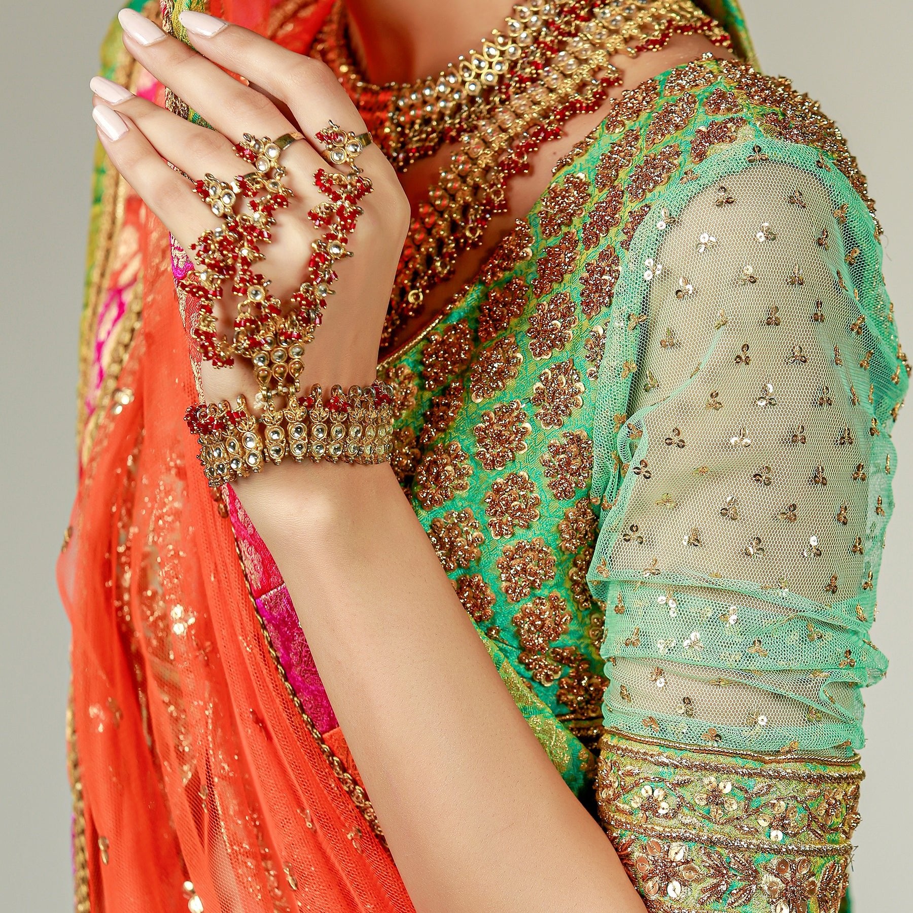 Multicoloured Panel Lehenga with Gold Choli and Dupatta - Rizwan Beyg Design