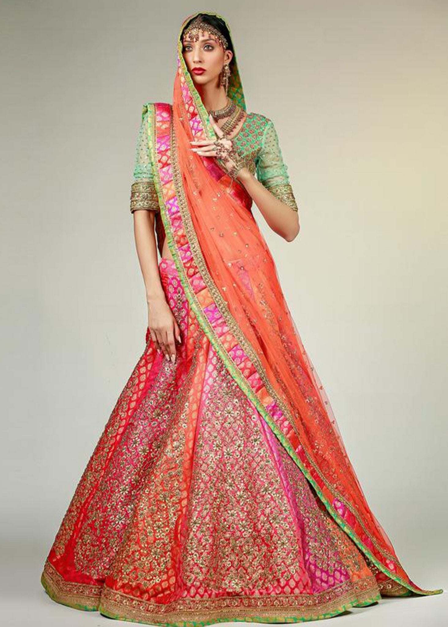 Multicoloured Panel Lehenga with Gold Choli and Dupatta - Rizwan Beyg Design