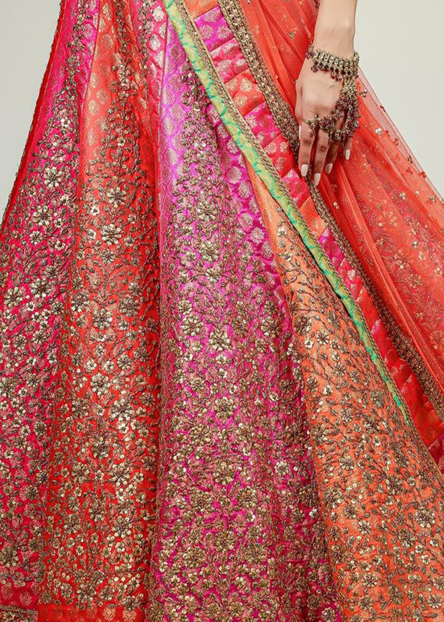 Multicoloured Panel Lehenga with Gold Choli and Dupatta - Rizwan Beyg Design