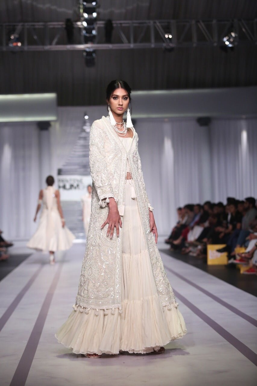 Off - white Long Dress with Pom - Pom Lace - Rizwan Beyg Design