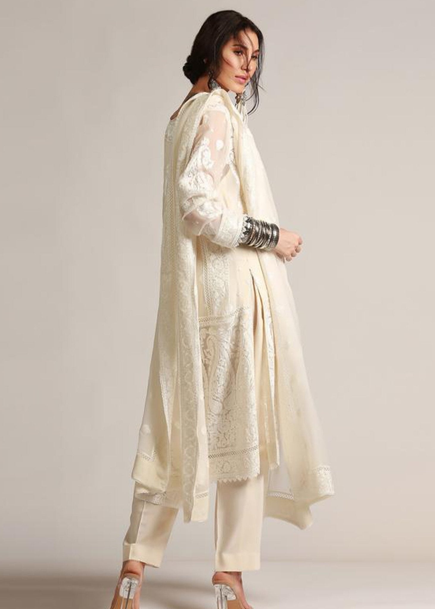 Offwhite Crewel Silk Floss Embroidered kali Kurta & Dupatta - Rizwan Beyg Design