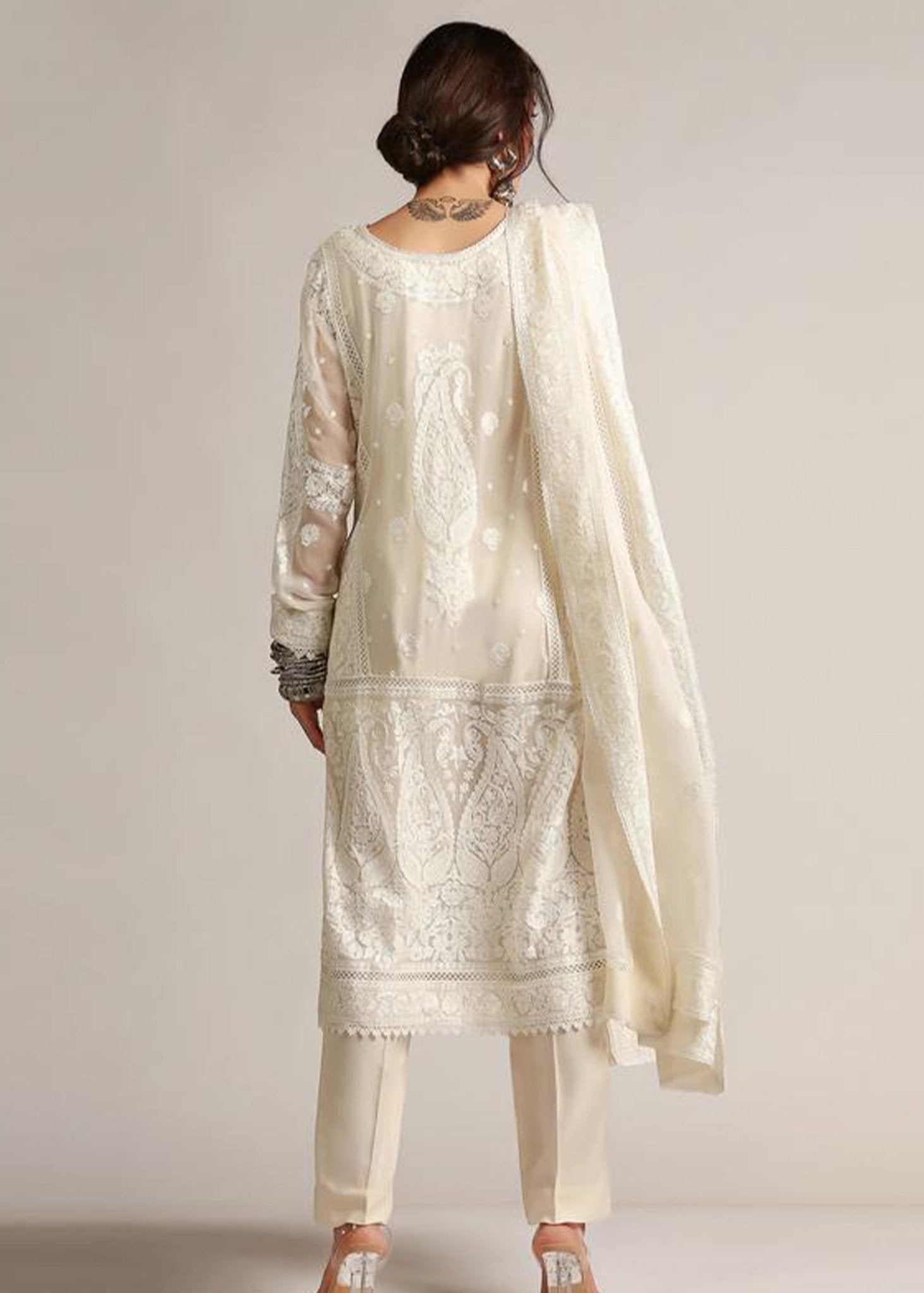 Offwhite Crewel Silk Floss Embroidered kali Kurta & Dupatta - Rizwan Beyg Design