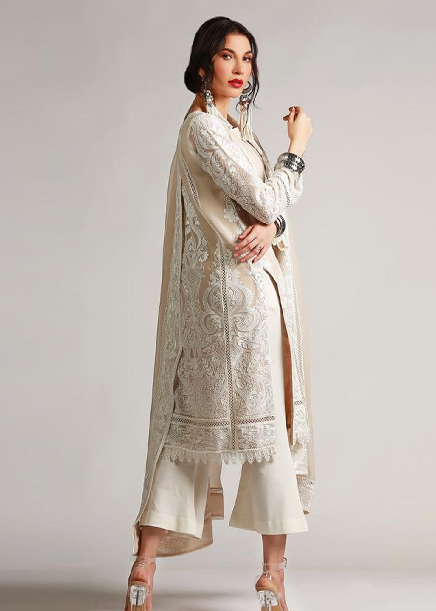 Offwhite Crewel Silk Floss Embroidered kali Kurta & Dupatta - Rizwan Beyg Design