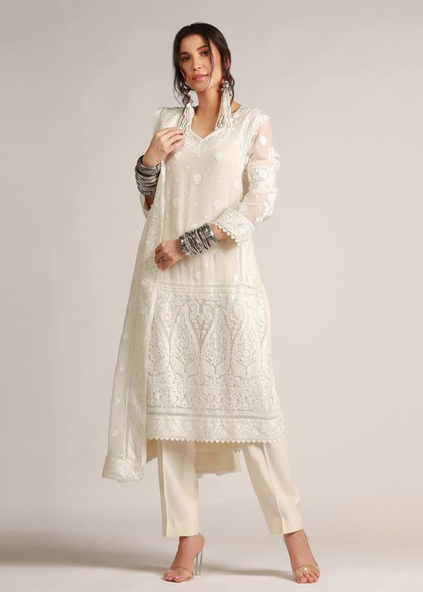 Offwhite Crewel Silk Floss Embroidered kali Kurta & Dupatta - Rizwan Beyg Design