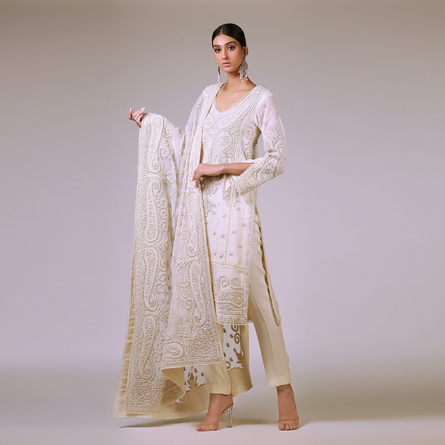 Paisley Ivory Pearl Kali Kurta & Dupatta - Rizwan Beyg Design