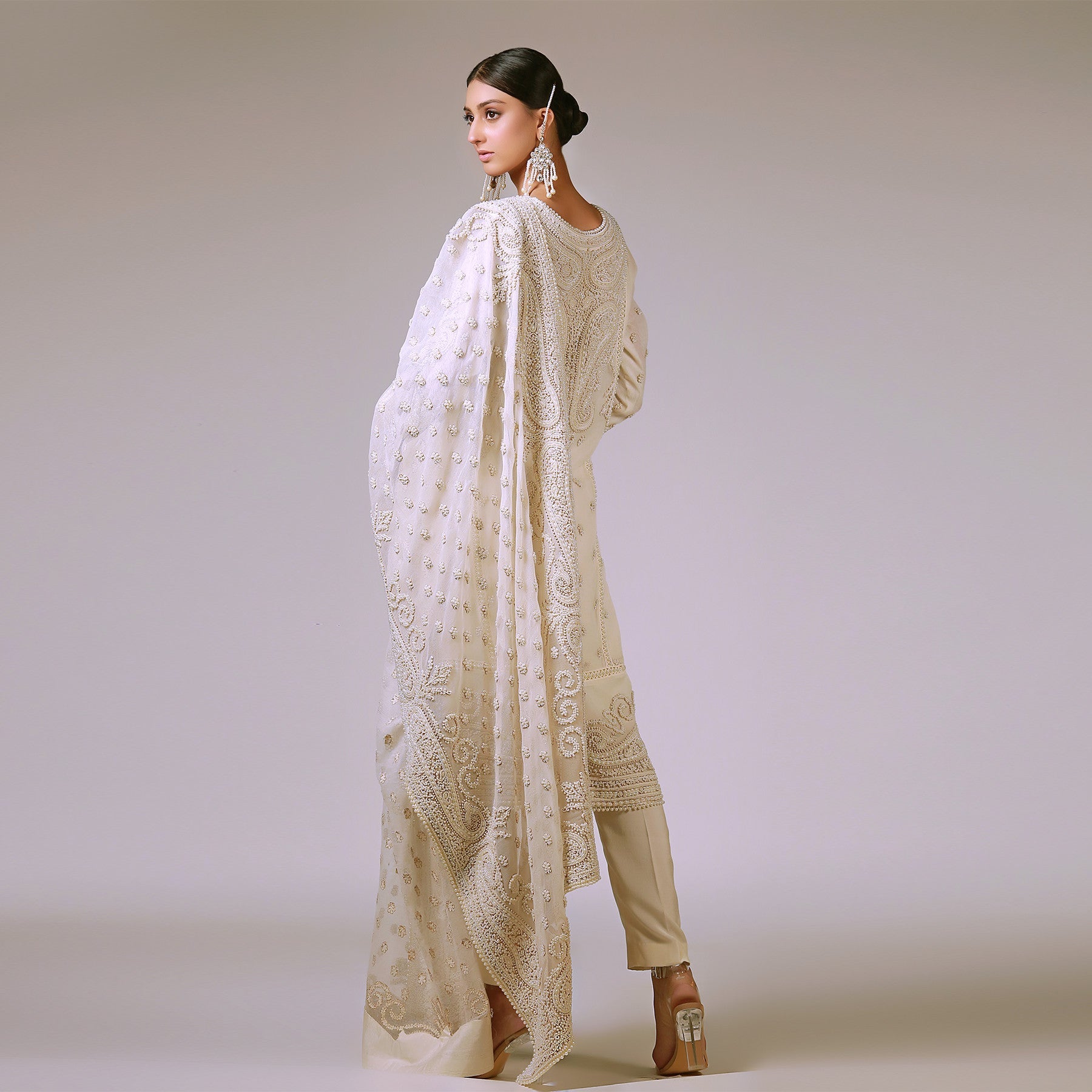 Paisley Ivory Pearl Kali Kurta & Dupatta - Rizwan Beyg Design