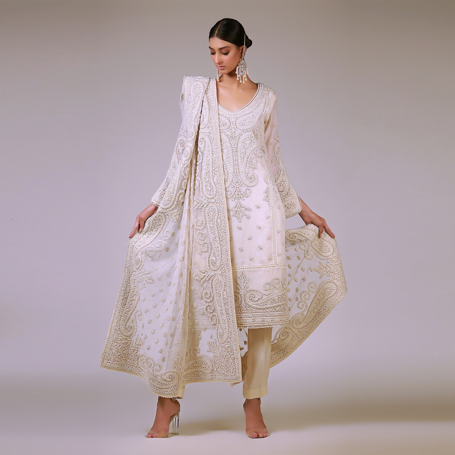 Paisley Ivory Pearl Kali Kurta & Dupatta - Rizwan Beyg Design