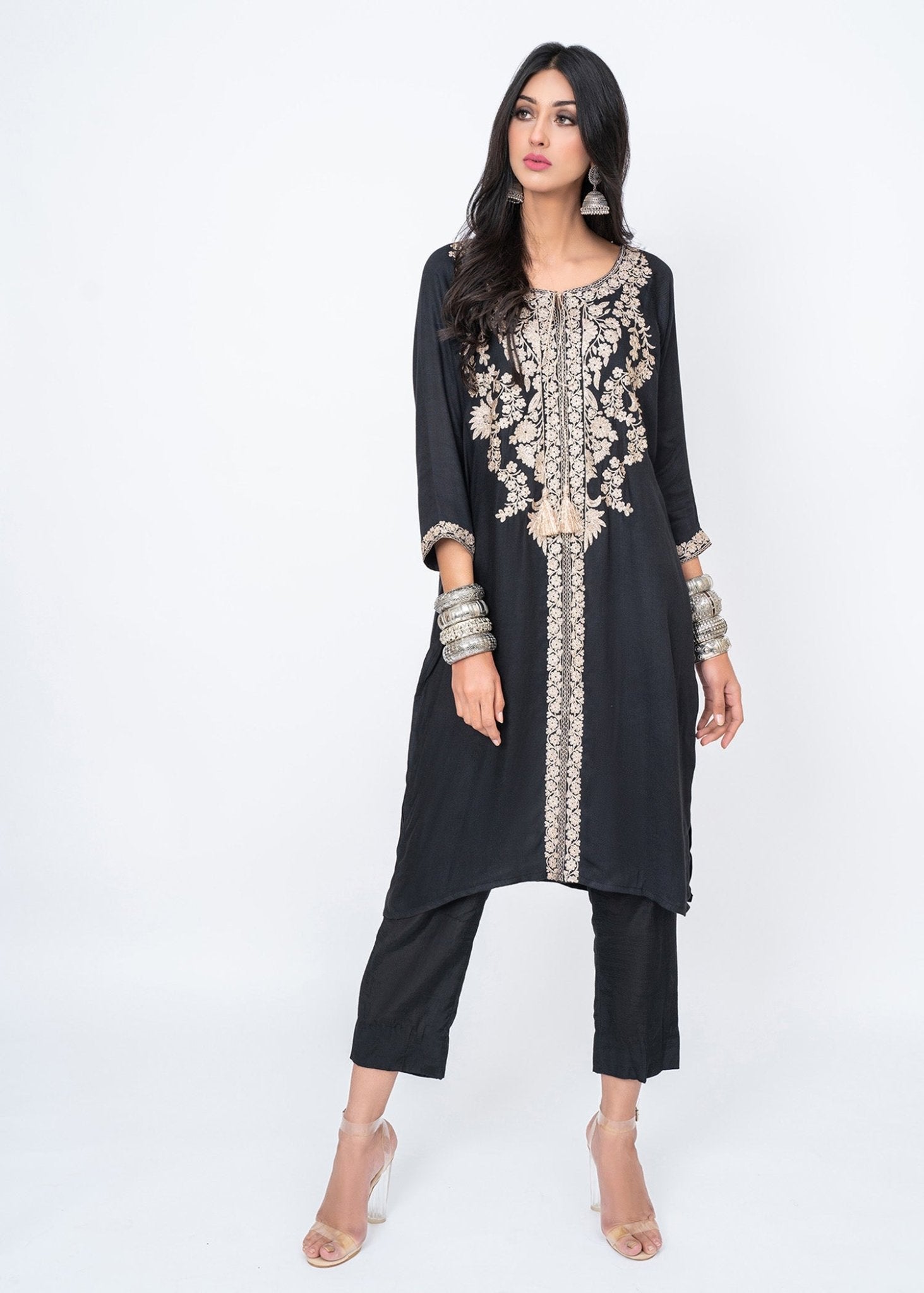 Petria Black with Champagne Zari Embroidery Top - Rizwan Beyg Design