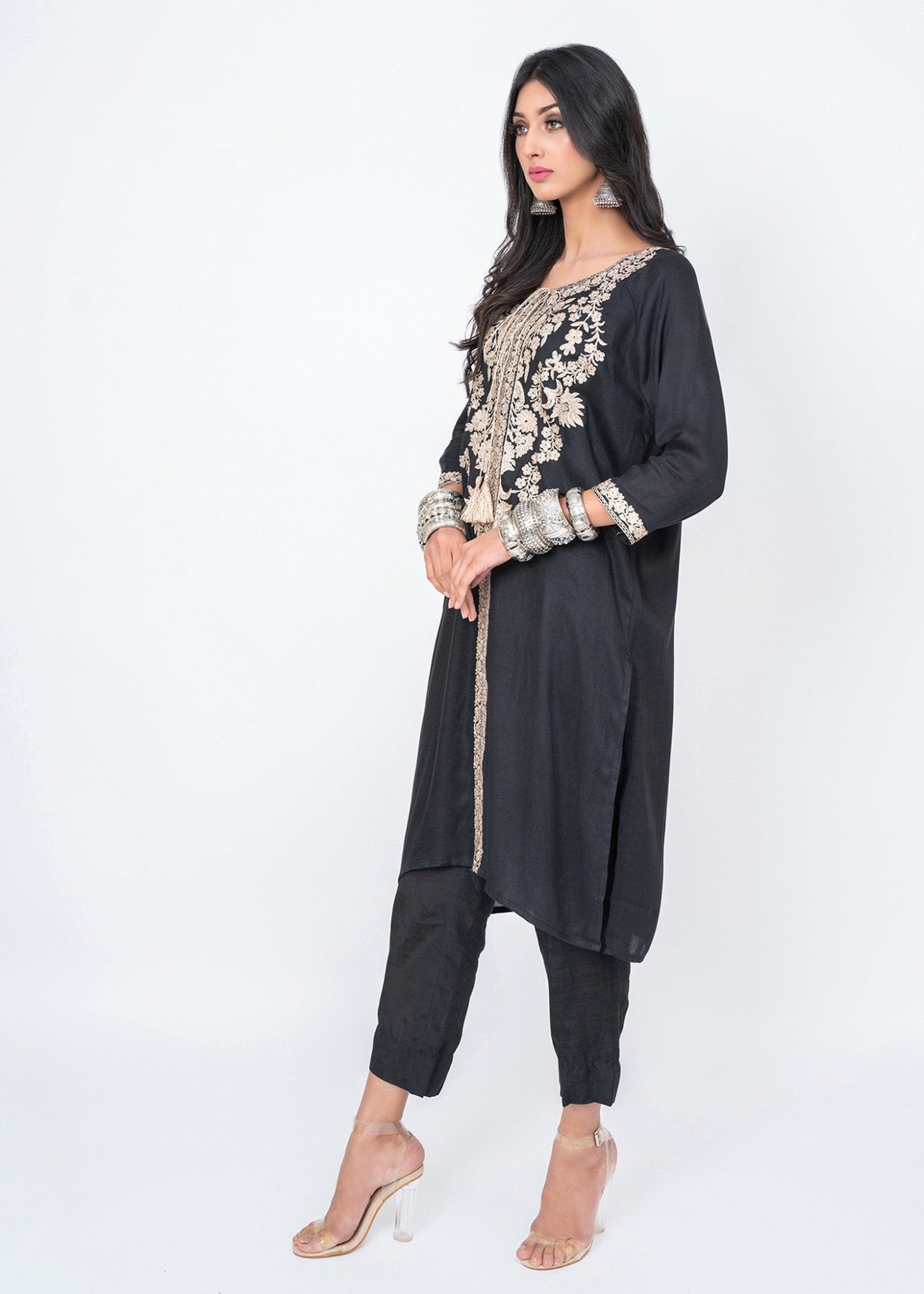 Petria Black with Champagne Zari Embroidery Top - Rizwan Beyg Design