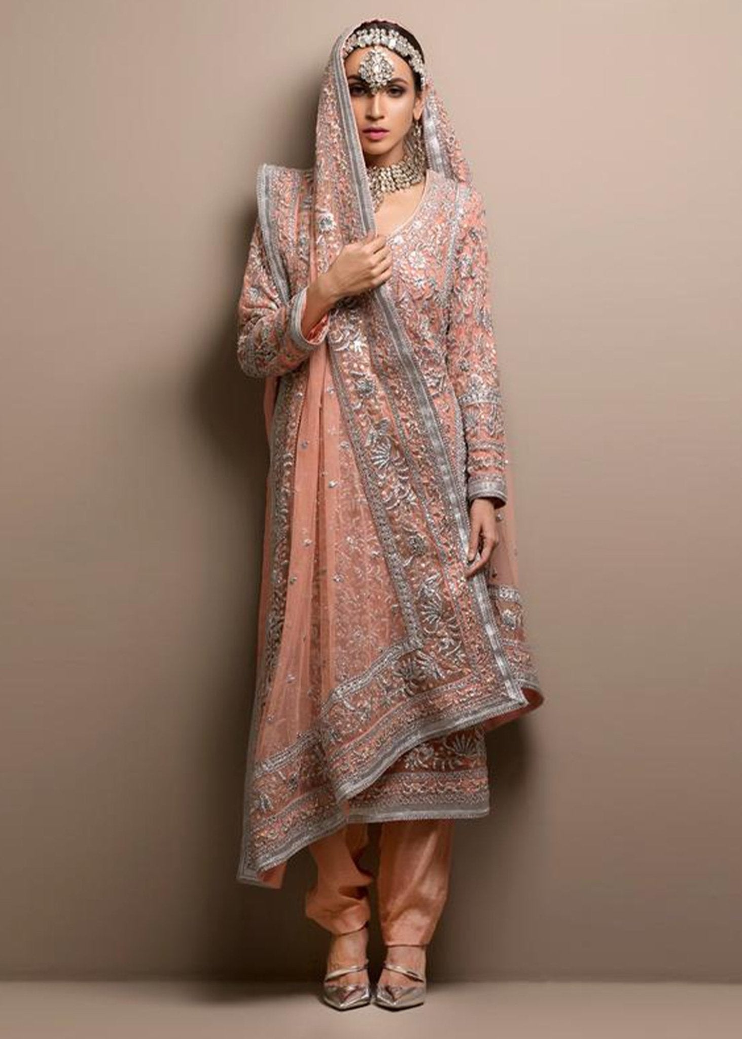 Pink Long Kurta, Trouser and Dupatta with Silver Gara Embroidery - Rizwan Beyg Design