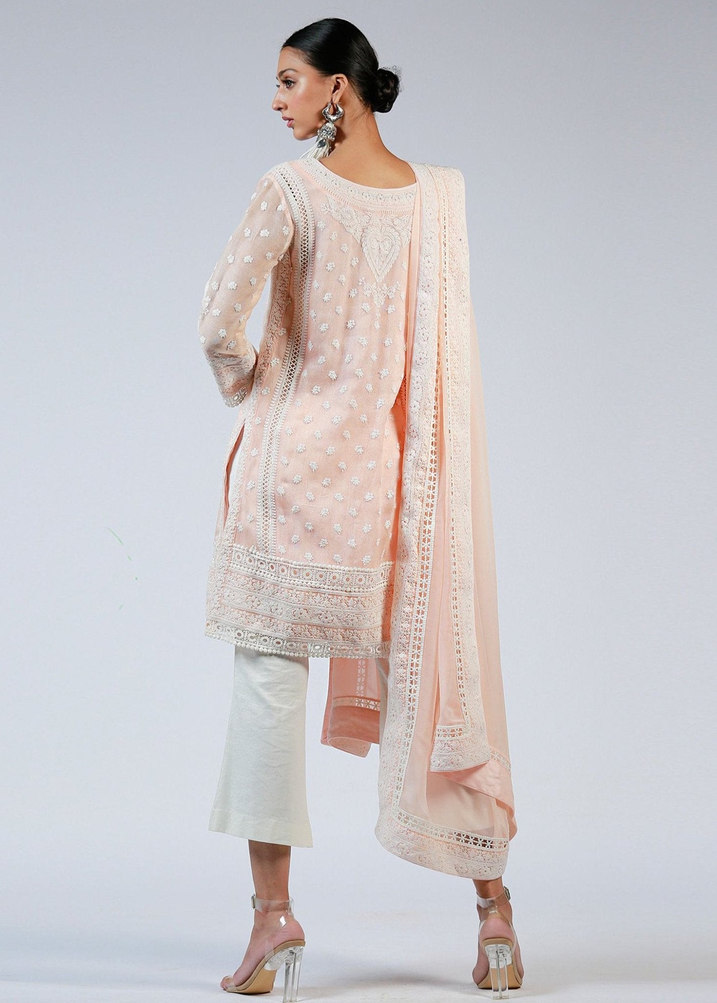 Pink Marori Embroidered Kali Kurta & Dupatta Chinese Collar - Rizwan Beyg Design