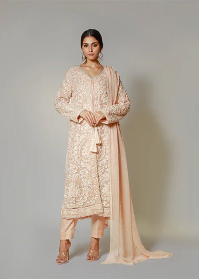 Pink Pearls Coat With Sleeves - Rizwan Beyg Design