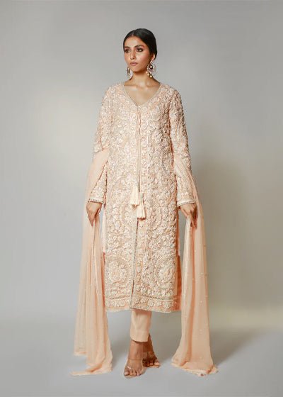 Pink Pearls Coat With Sleeves - Rizwan Beyg Design