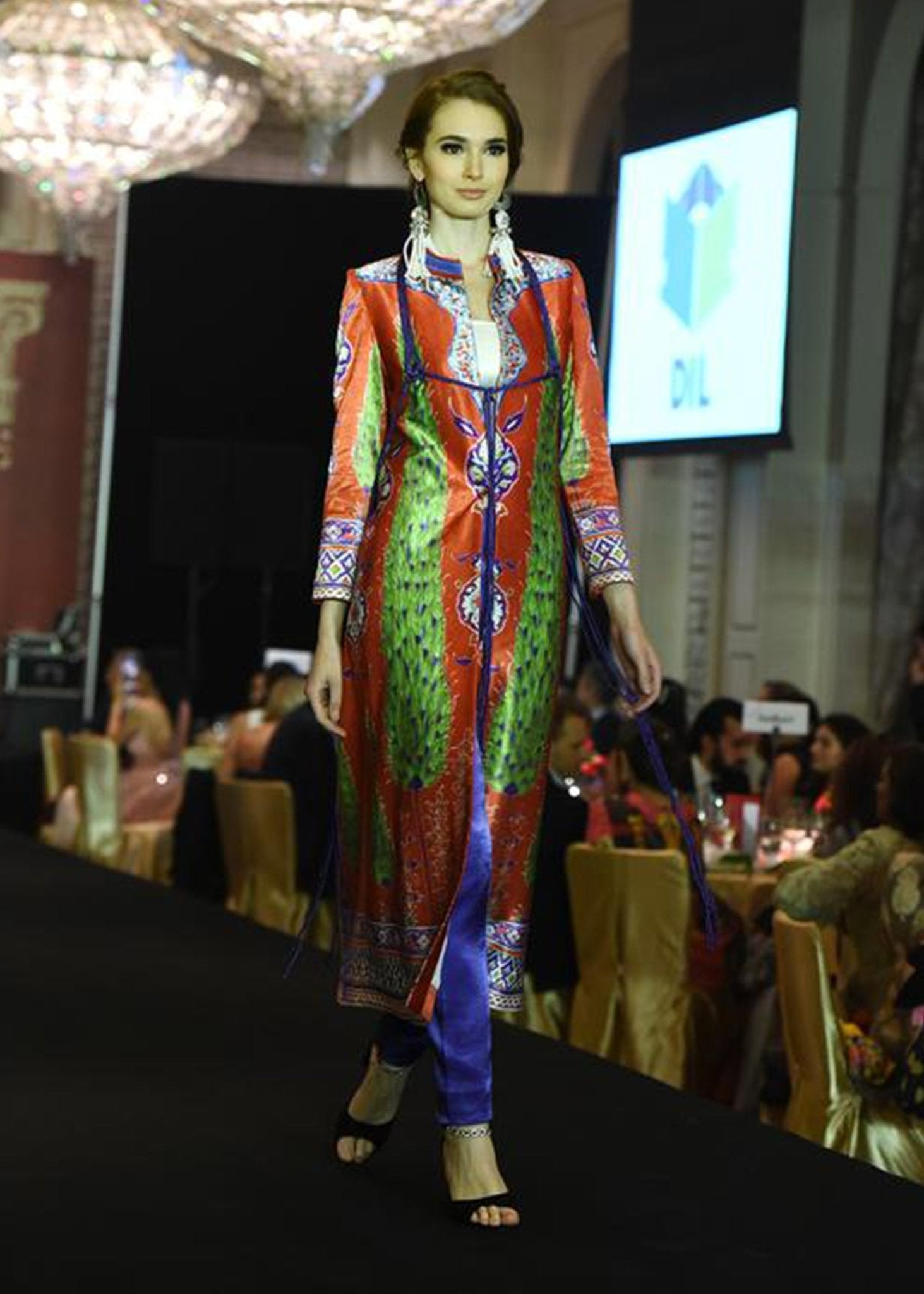 Red Base Printed Coat With Blue Dori - Rizwan Beyg Design