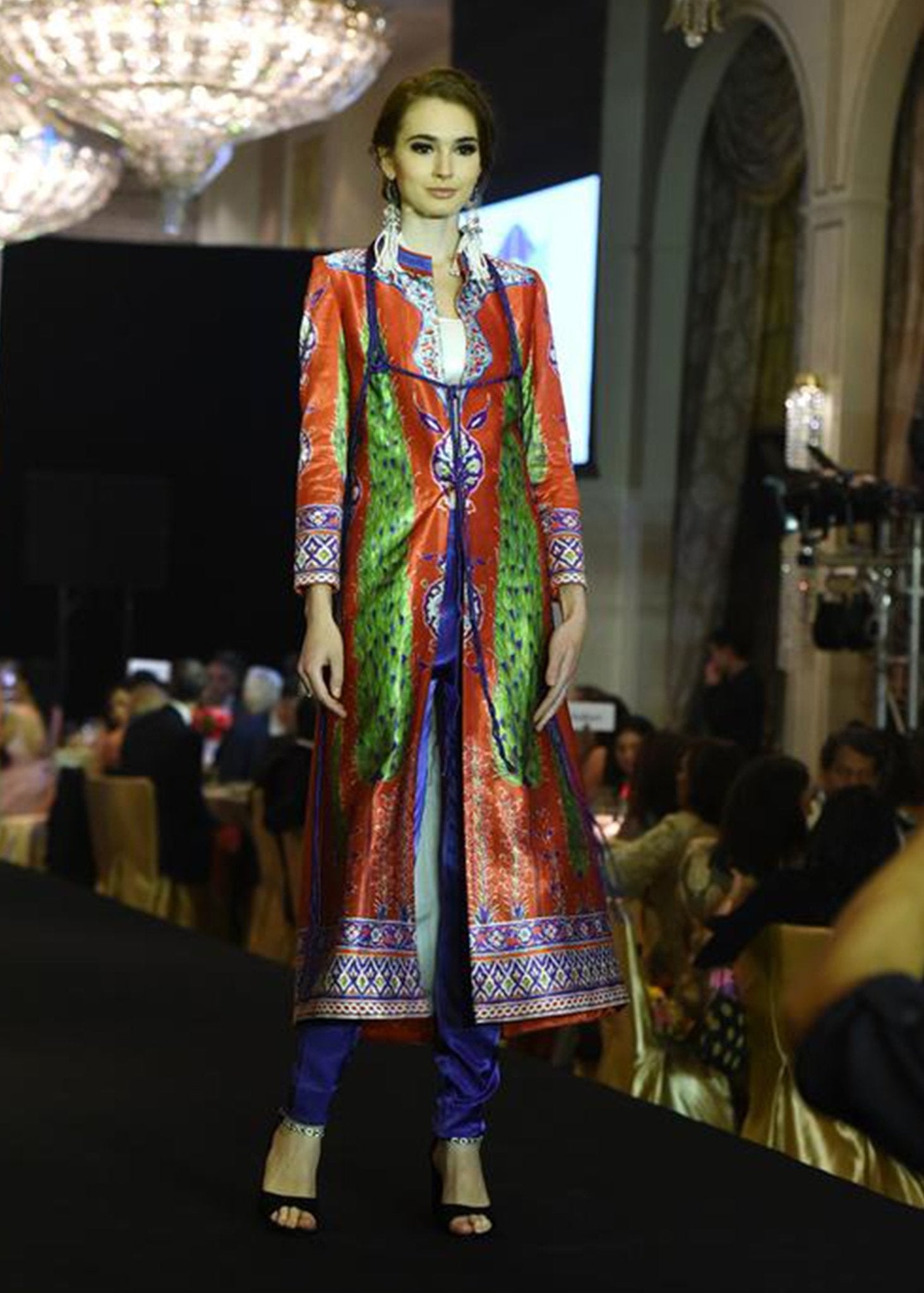 Red Base Printed Coat With Blue Dori - Rizwan Beyg Design