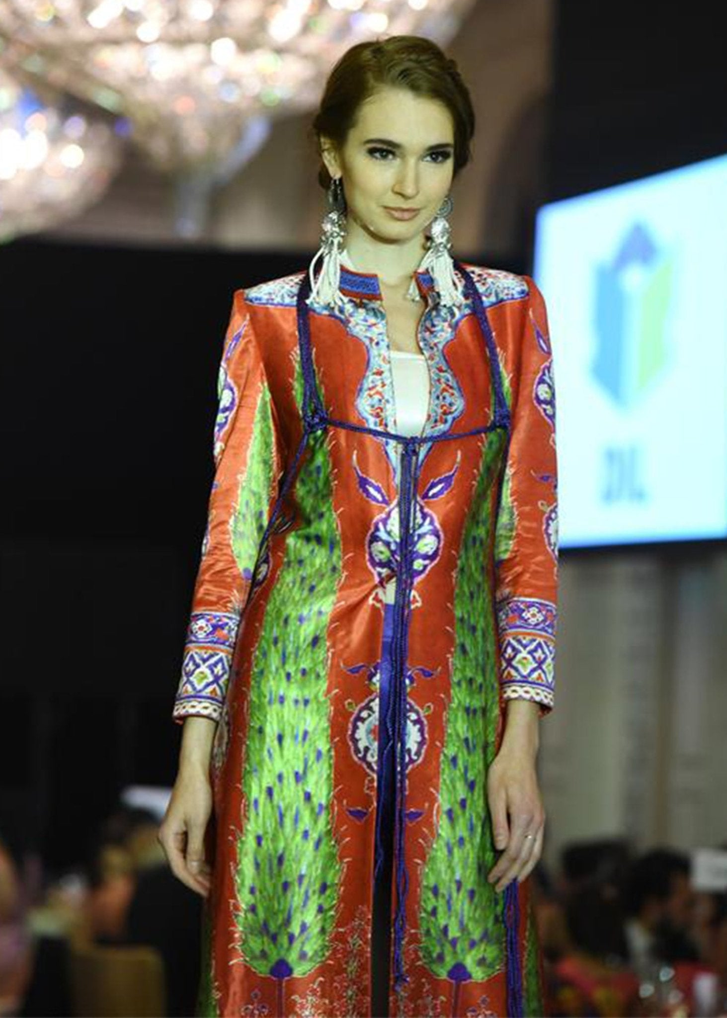 Red Base Printed Coat With Blue Dori - Rizwan Beyg Design