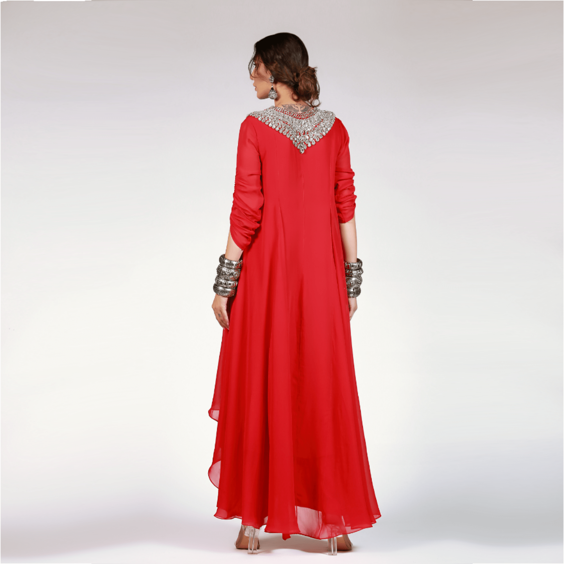 Red Long Dress Work On Neck - Rizwan Beyg Design