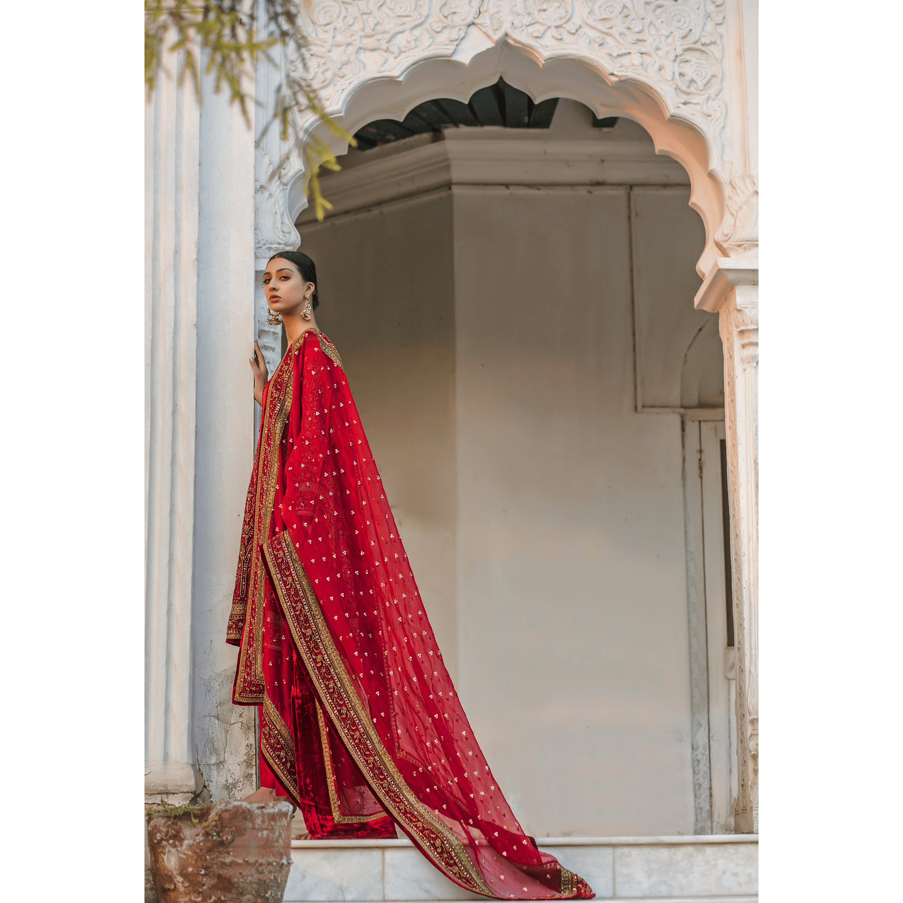 Red Naqushee & Velvet Outline Kali Kurta - Rizwan Beyg Design