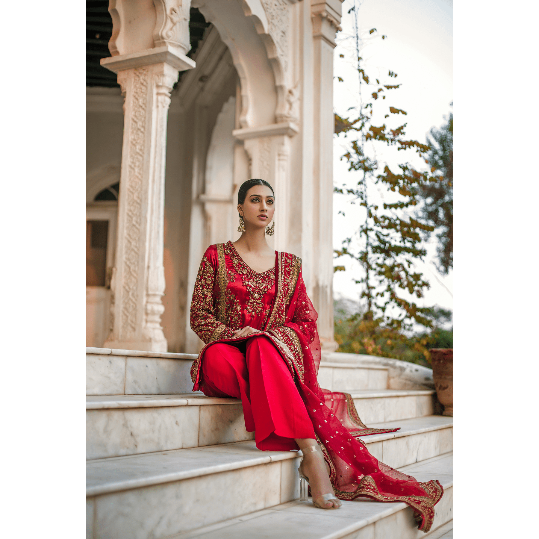 Red Naqushee & Velvet Outline Kali Kurta - Rizwan Beyg Design