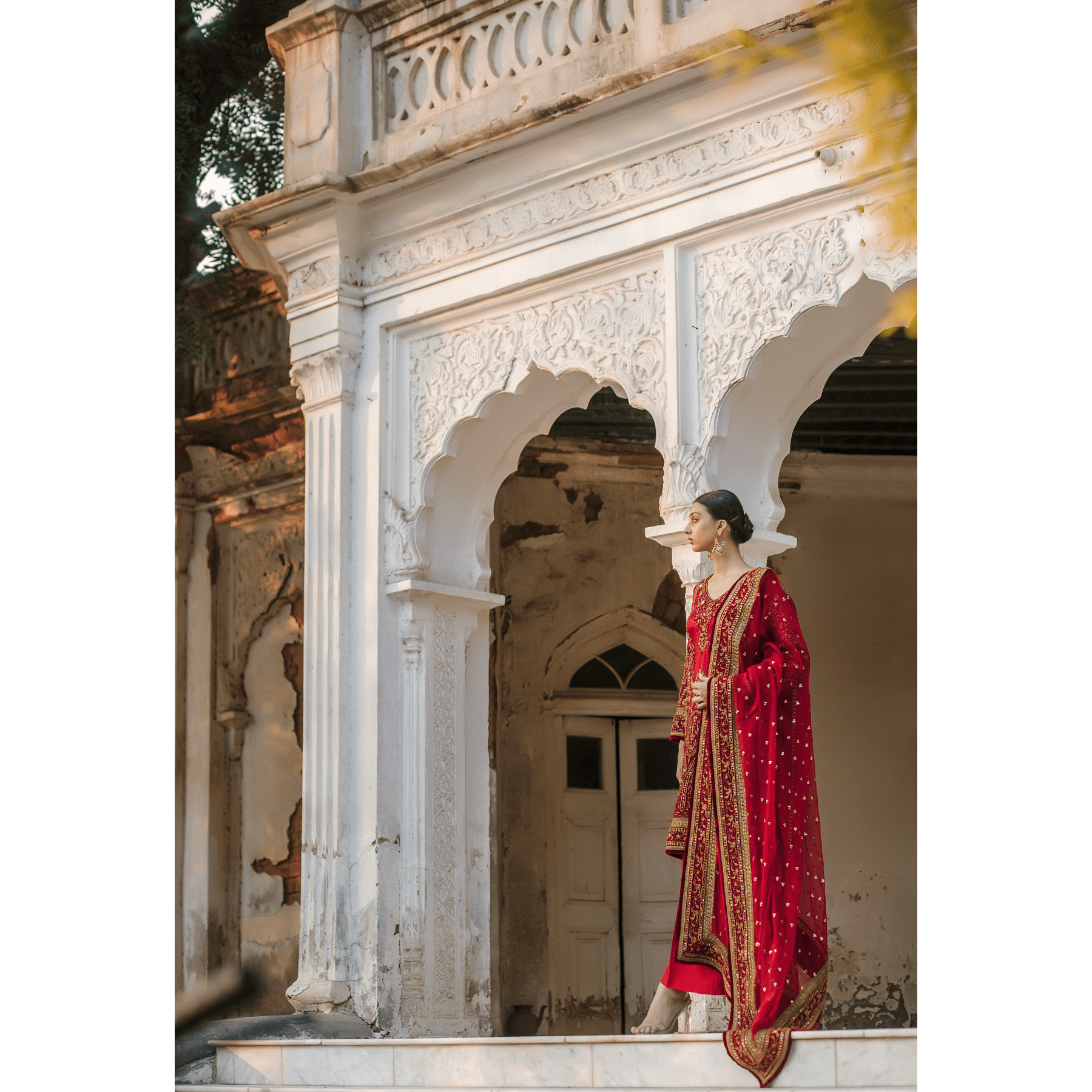 Red Naqushee & Velvet Outline Kali Kurta - Rizwan Beyg Design