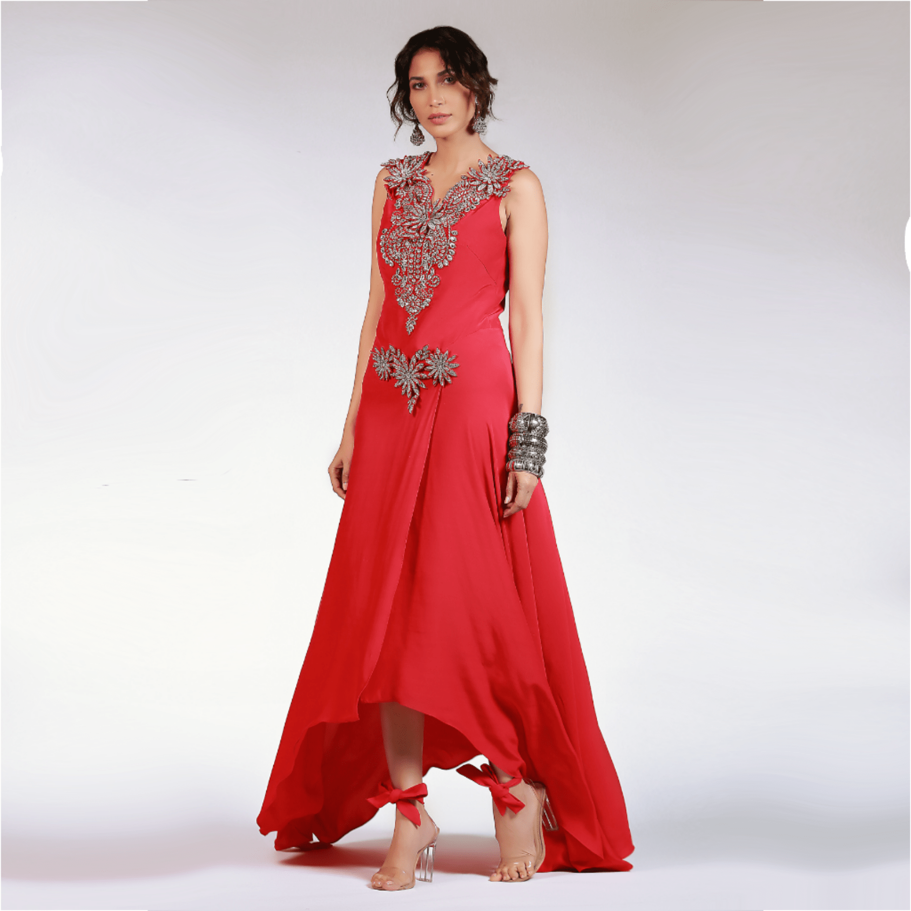 Red Paisleys 3D Flowers Long Dress - Rizwan Beyg Design