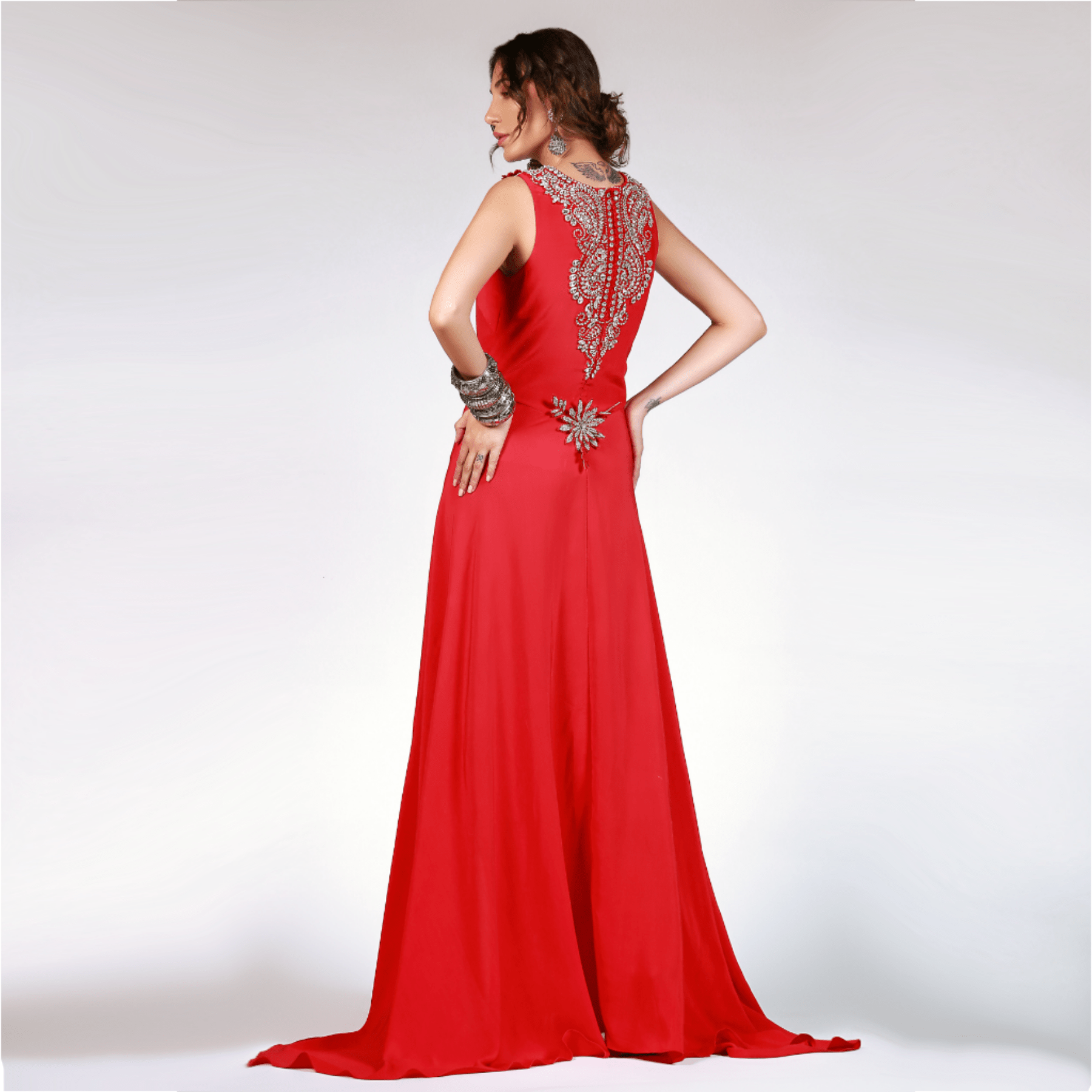 Red Paisleys 3D Flowers Long Dress - Rizwan Beyg Design