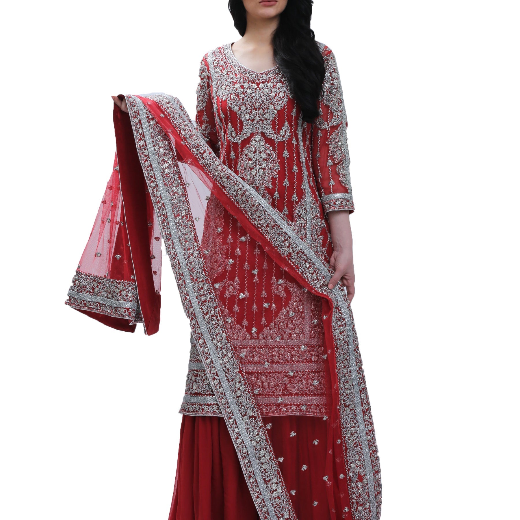 Red & Silver Cotton Net Gota Bridal - Rizwan Beyg Design