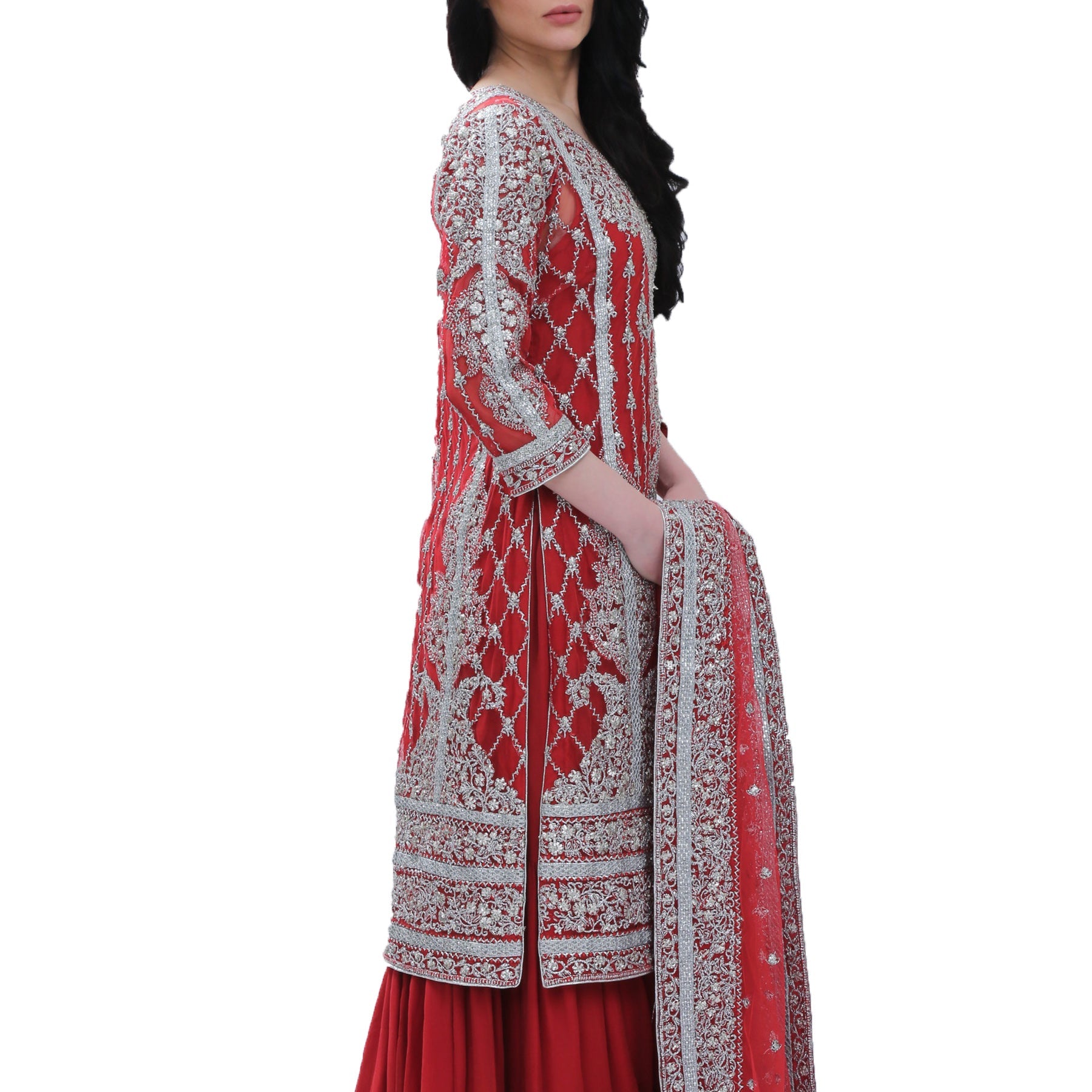 Red & Silver Cotton Net Gota Bridal - Rizwan Beyg Design