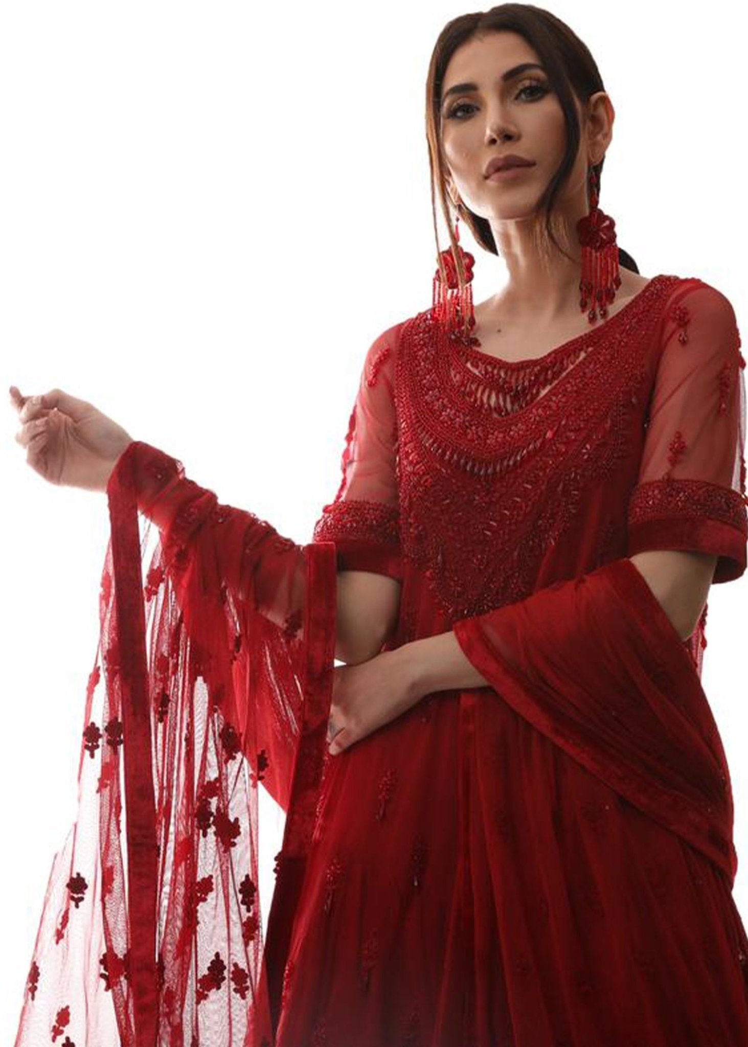 Red Swarovski Tunic and Chemise - Rizwan Beyg Design