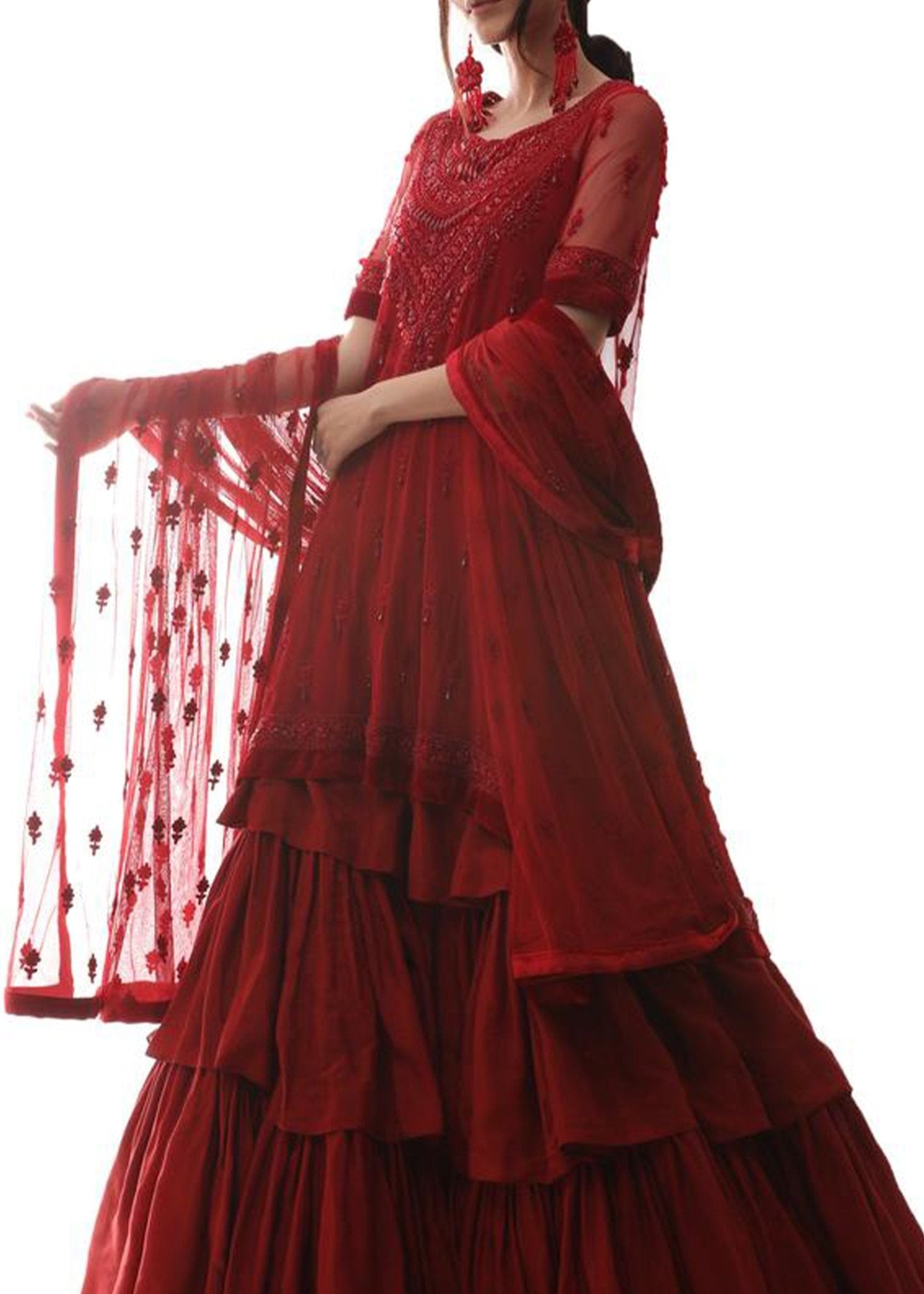 Red Swarovski Tunic and Chemise - Rizwan Beyg Design