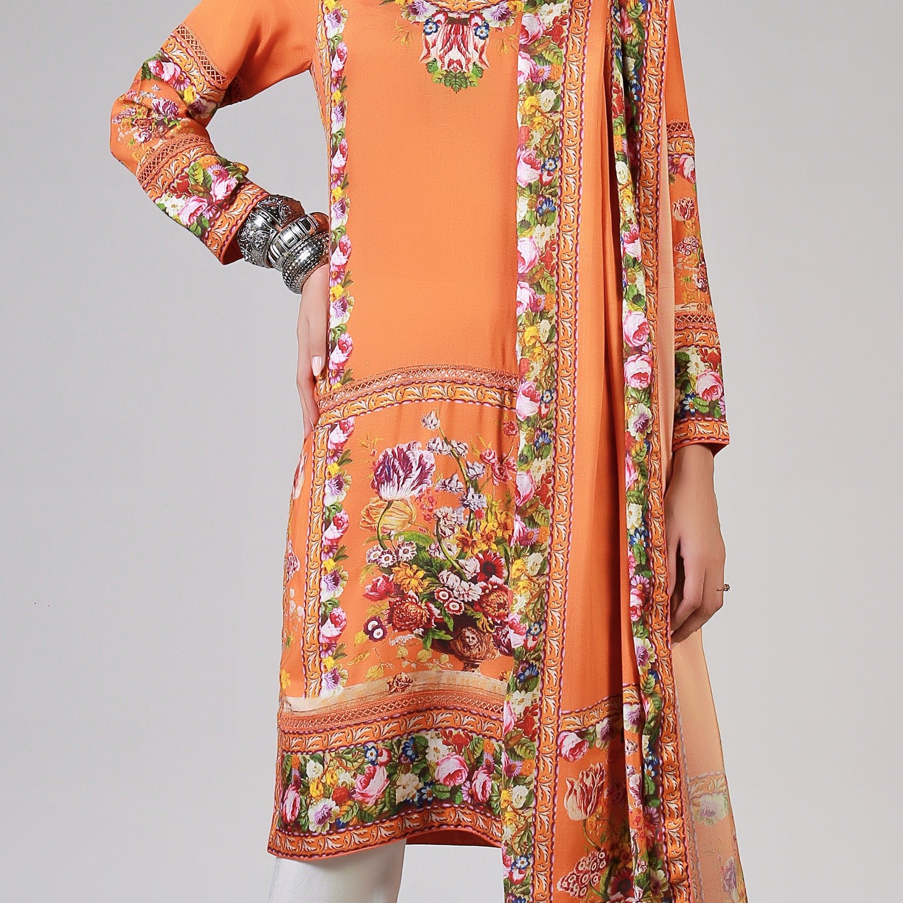 Renaissance Garlands on printed Orange Shirt & Dupatta - Rizwan Beyg Design