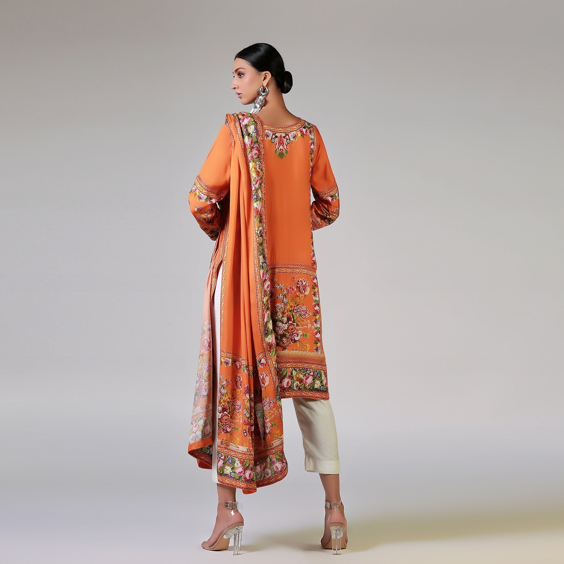 Renaissance Garlands on printed Orange Shirt & Dupatta - Rizwan Beyg Design