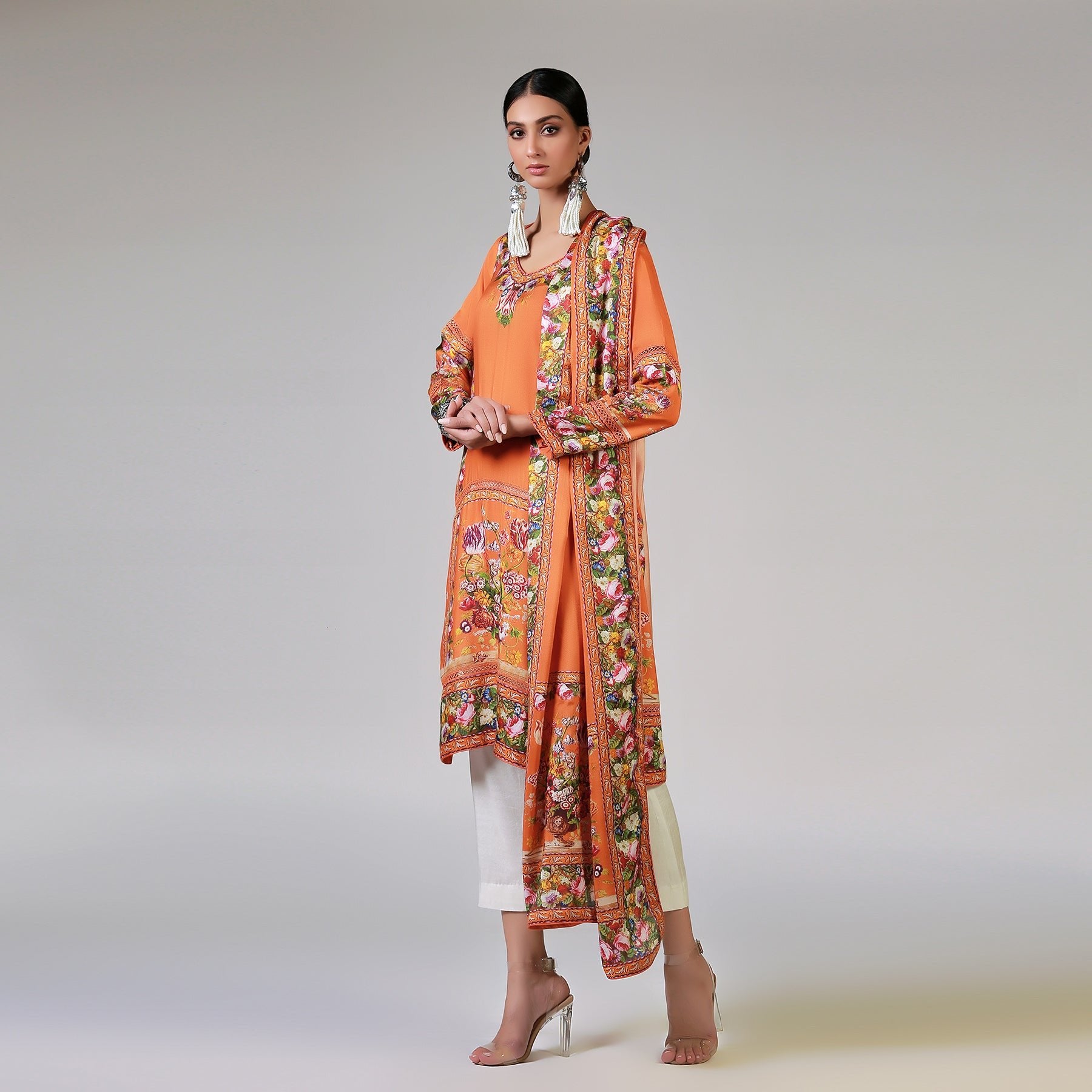 Renaissance Garlands on printed Orange Shirt & Dupatta - Rizwan Beyg Design