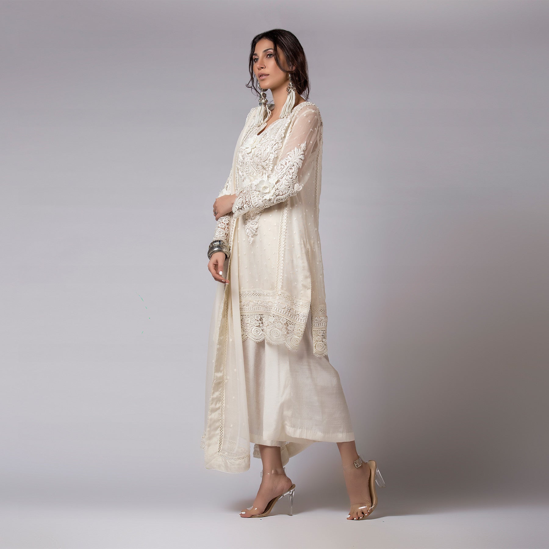 Ribbon and Flower Laced Off - White Kali Kurta & Dupatta - Rizwan Beyg Design