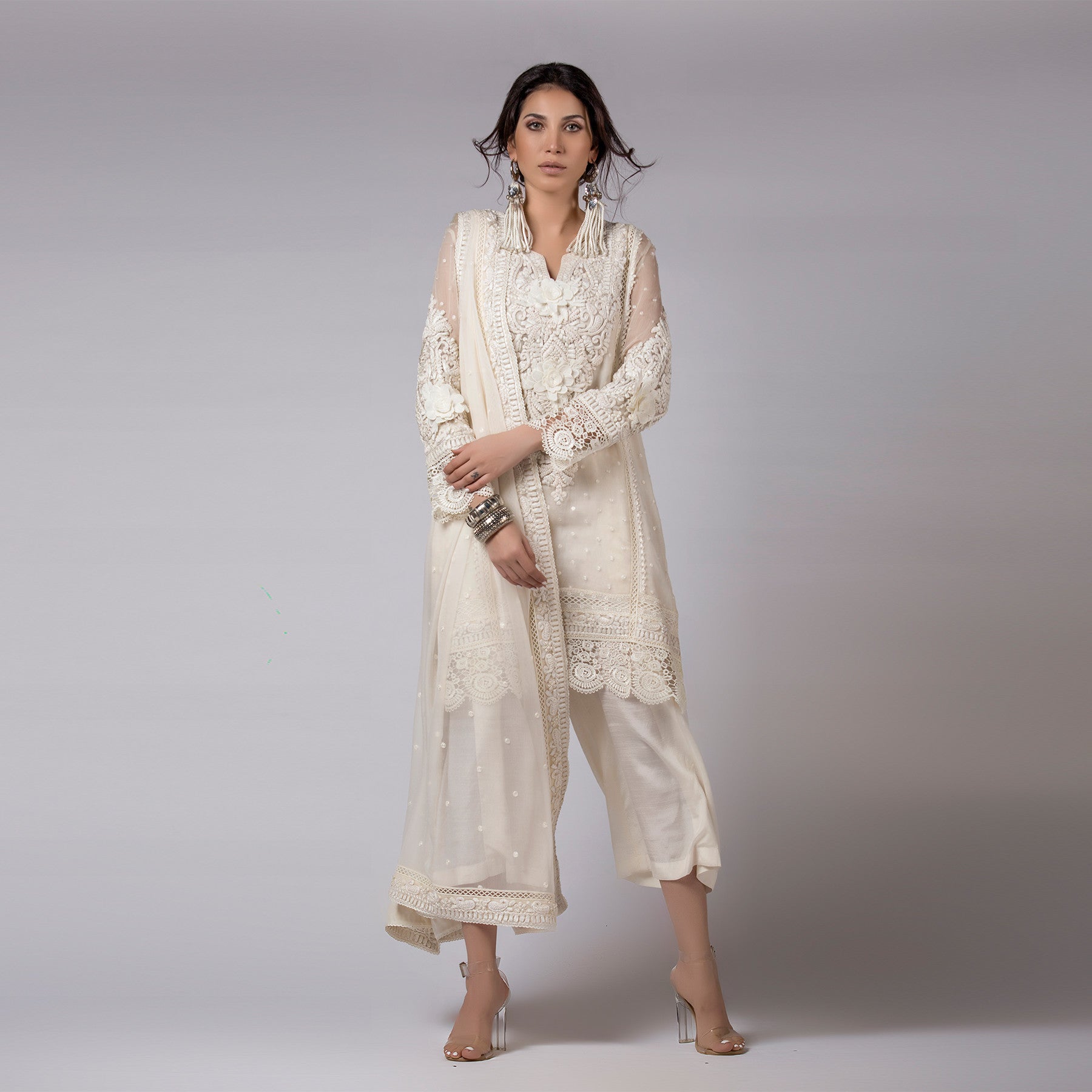 Ribbon and Flower Laced Off - White Kali Kurta & Dupatta - Rizwan Beyg Design