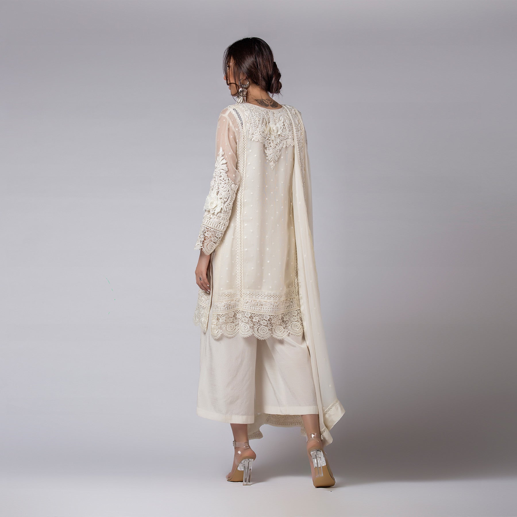 Ribbon and Flower Laced Off - White Kali Kurta & Dupatta - Rizwan Beyg Design