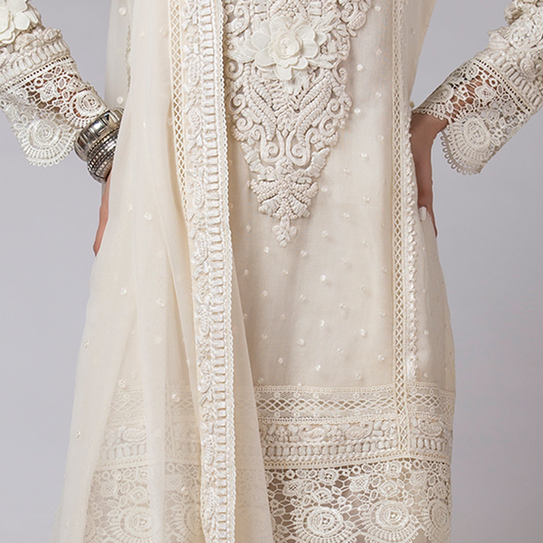 Ribbon and Flower Laced Off - White Kali Kurta & Dupatta - Rizwan Beyg Design