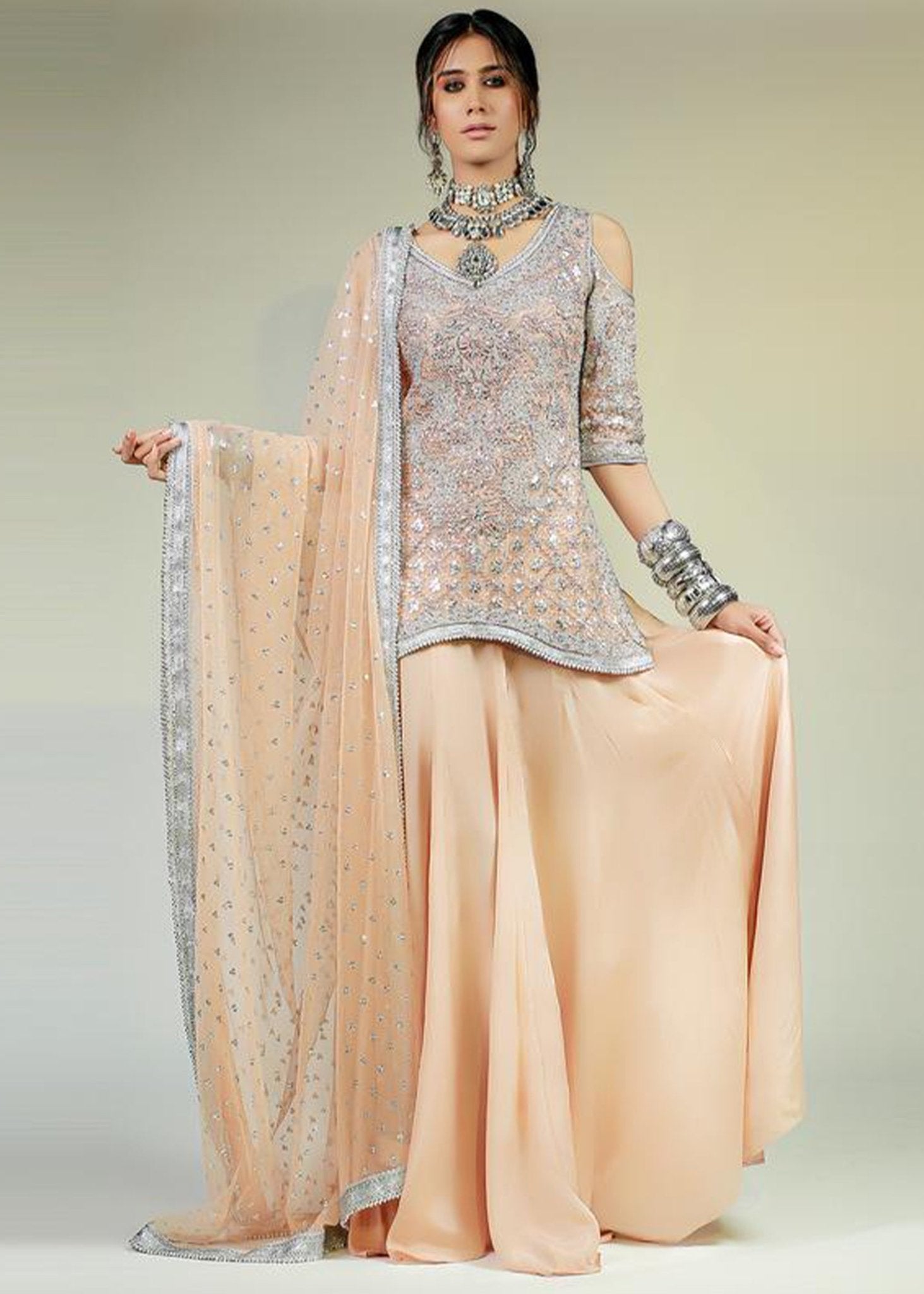 Salmon Pink Cold Shoulder Top with Dhaka Pyjama and Dupatta - Rizwan Beyg Design