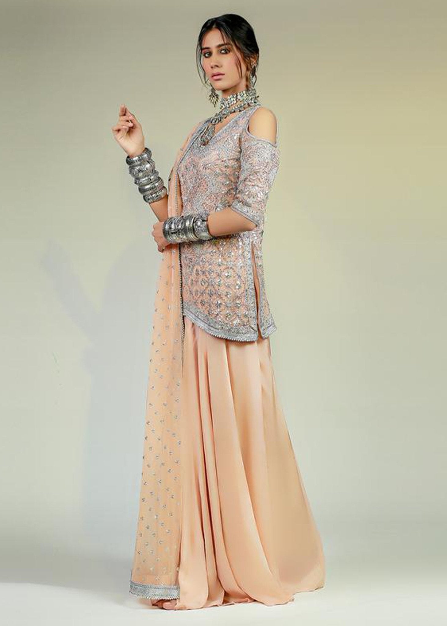 Salmon Pink Cold Shoulder Top with Dhaka Pyjama and Dupatta - Rizwan Beyg Design